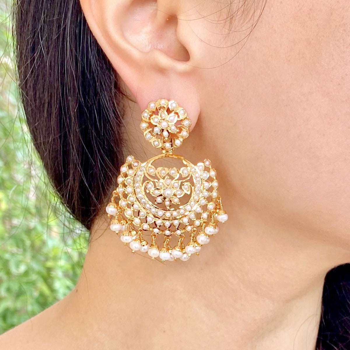 indian gold plated on silver pearl chandbali earrings