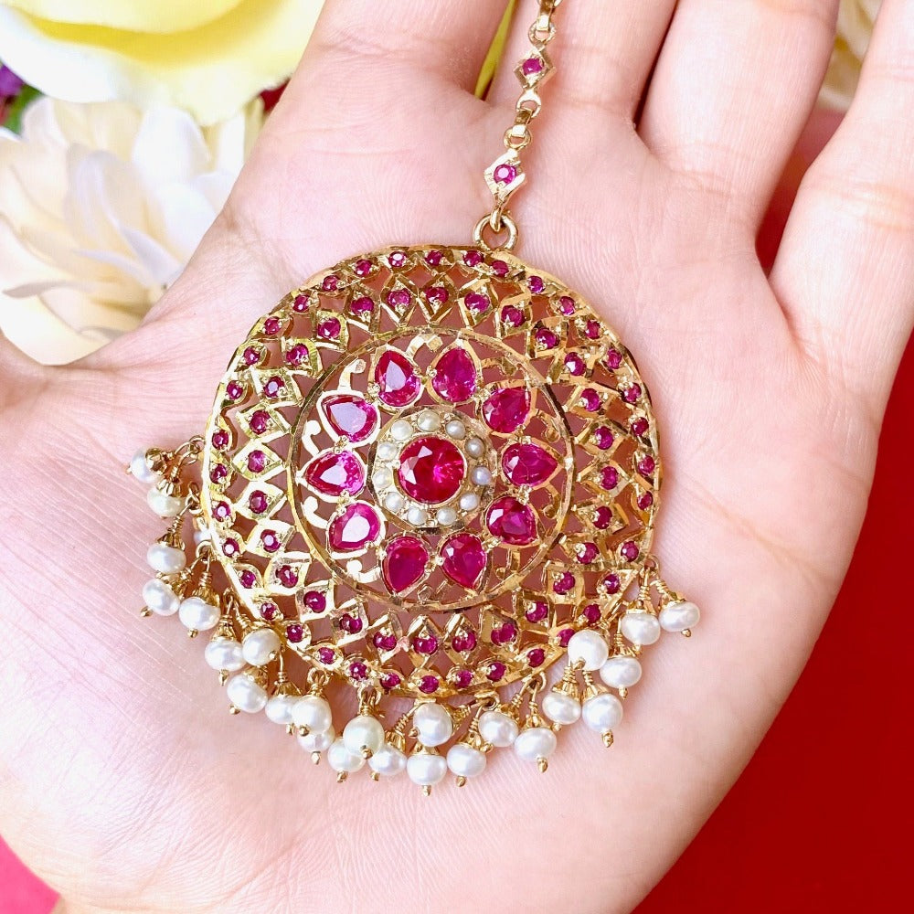 Ruby Red Maang Tikkas | Indian Teekas For Women | Gold Plated on Silver