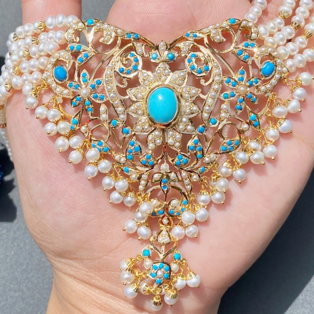 22k gold indian choker sets with turquoise (firoza) and pearls