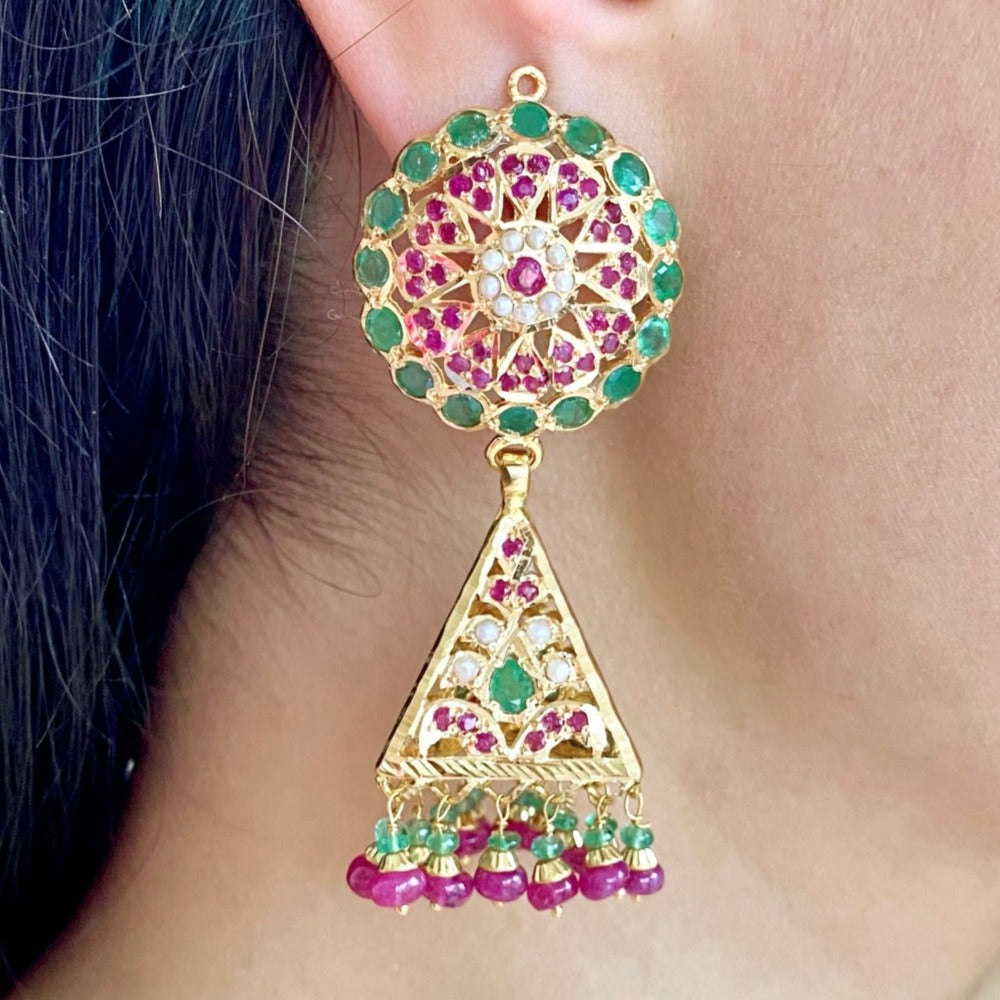 ruby emerald jhumka on 22k gold