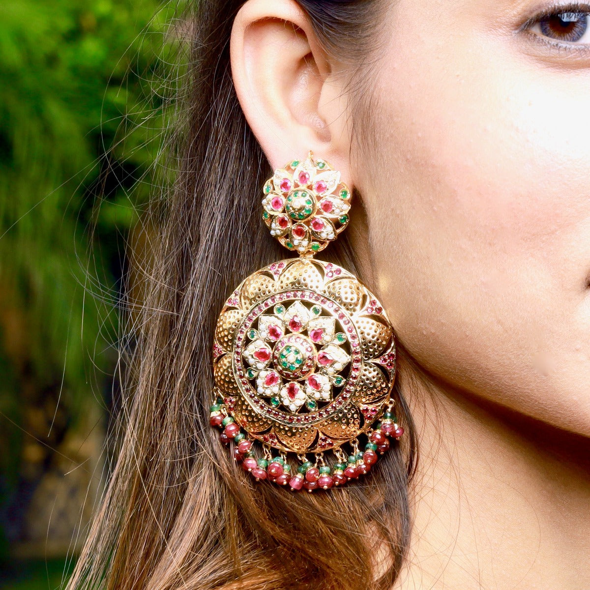 big round ruby emerald earrings