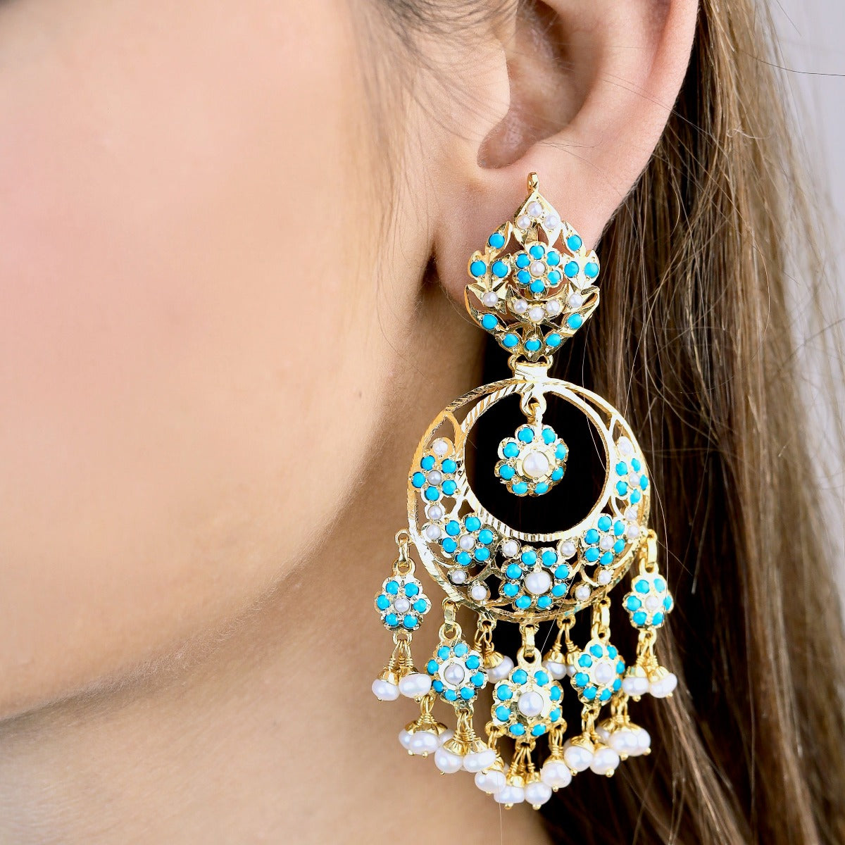 long indian nizami feroza chandbali earrings
