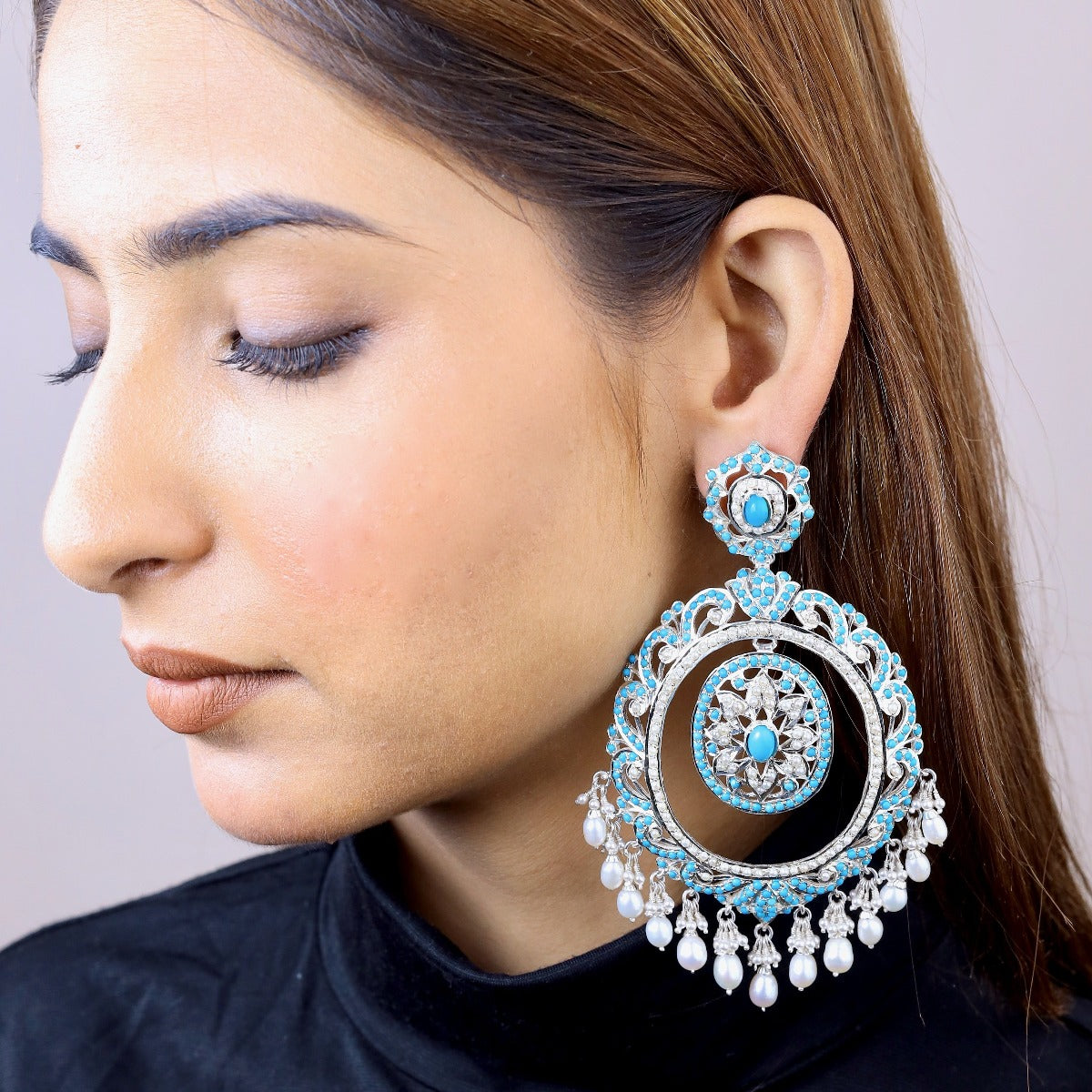 pearl turquoise chandbali silver