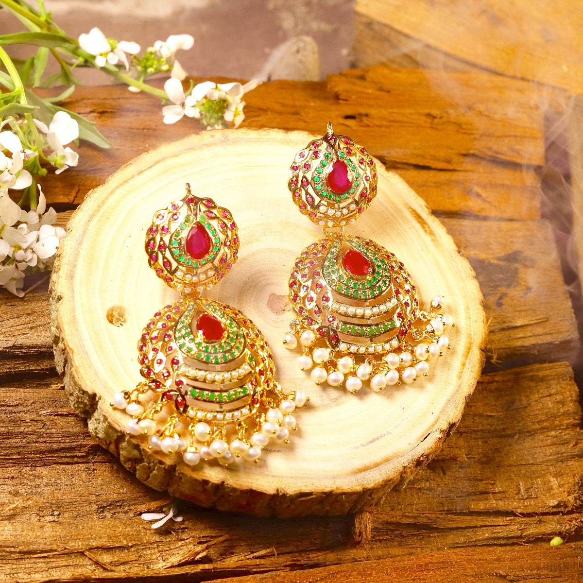 ruby emerald and pearl chandbali earrings