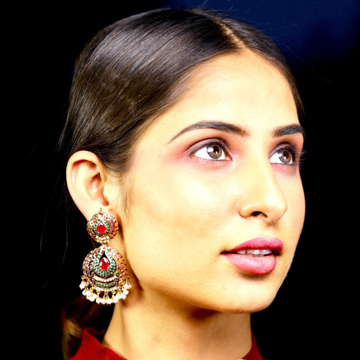 ruby emerald and pearl chandbali earrings
