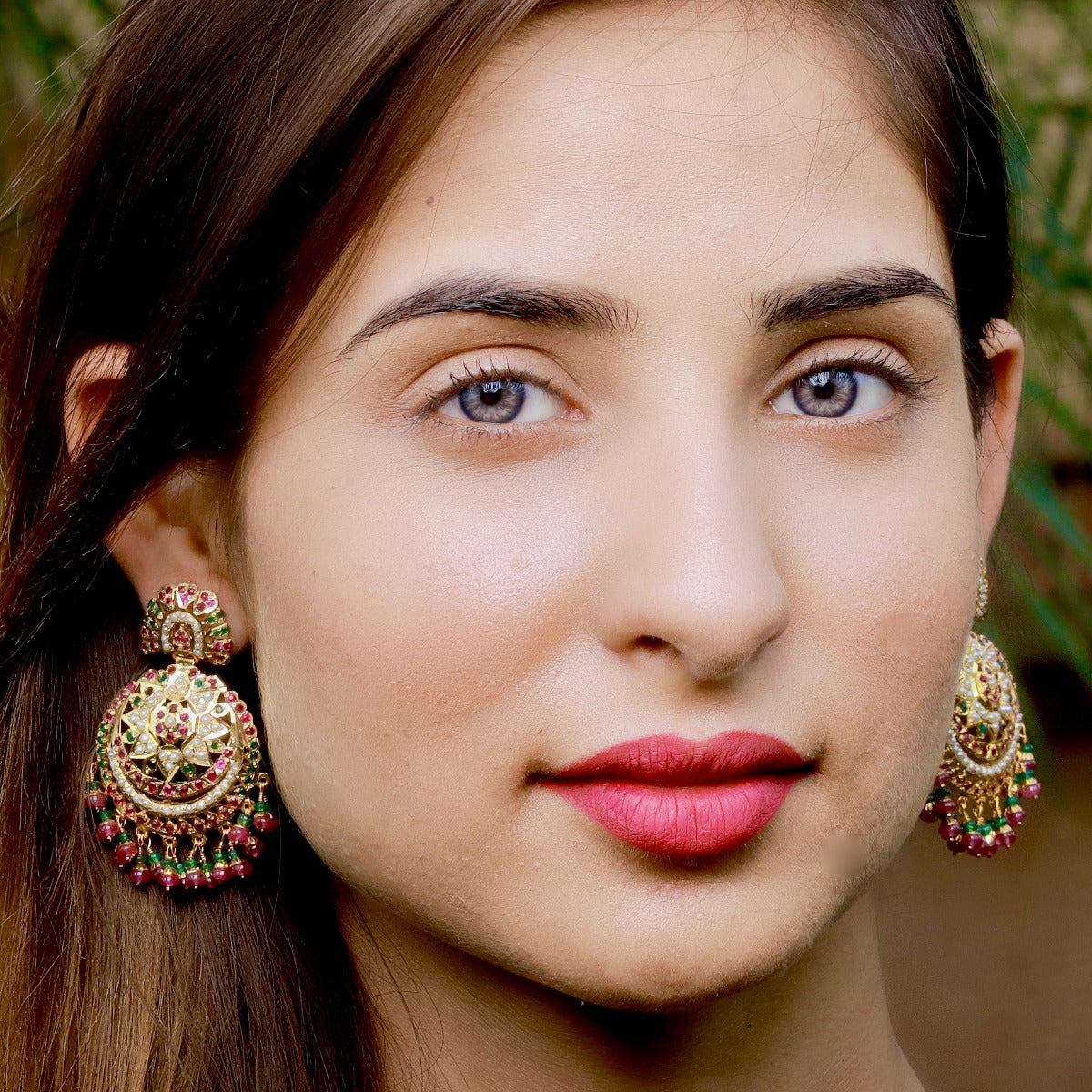 gold coated ruby emerald earrings