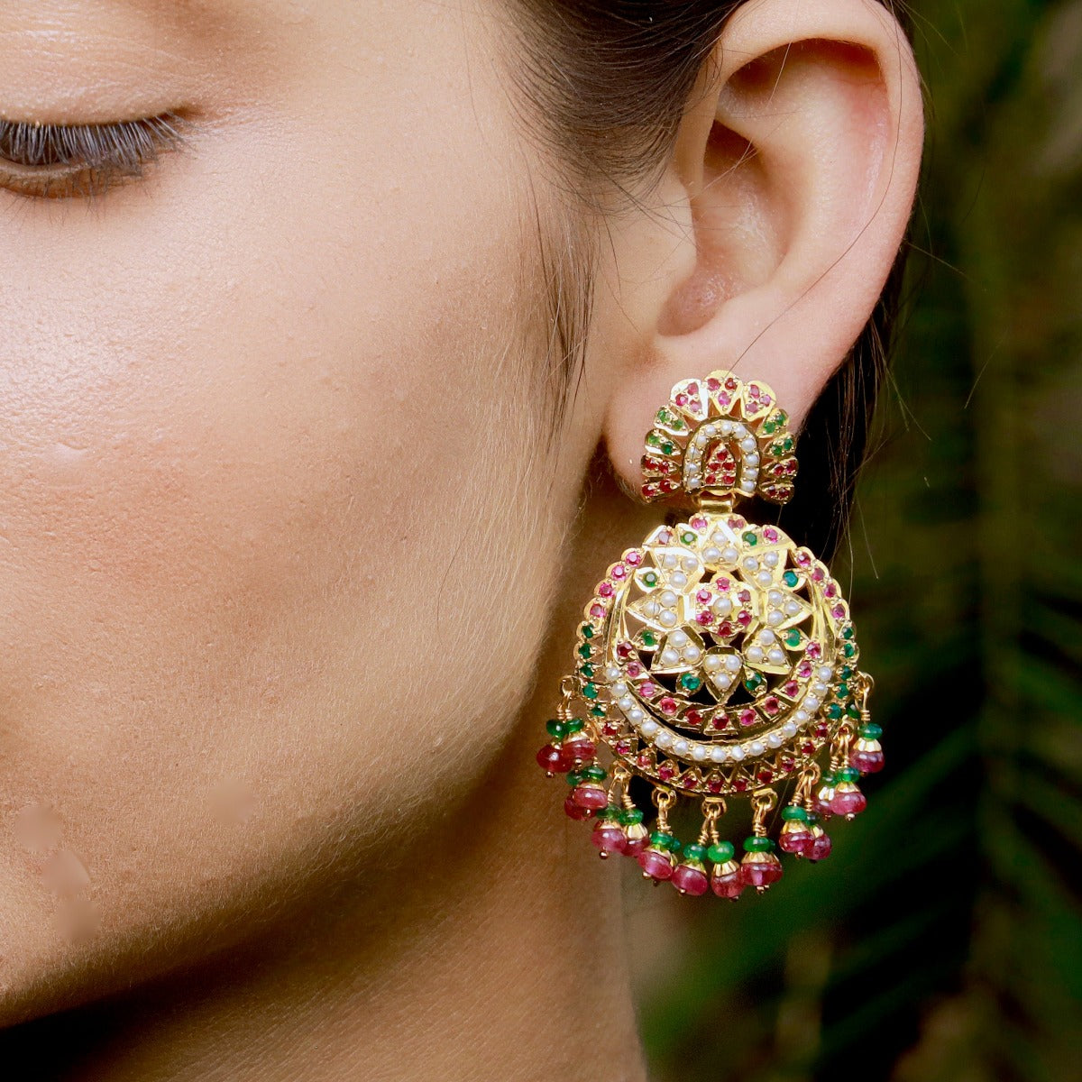 gold coated ruby emerald earrings