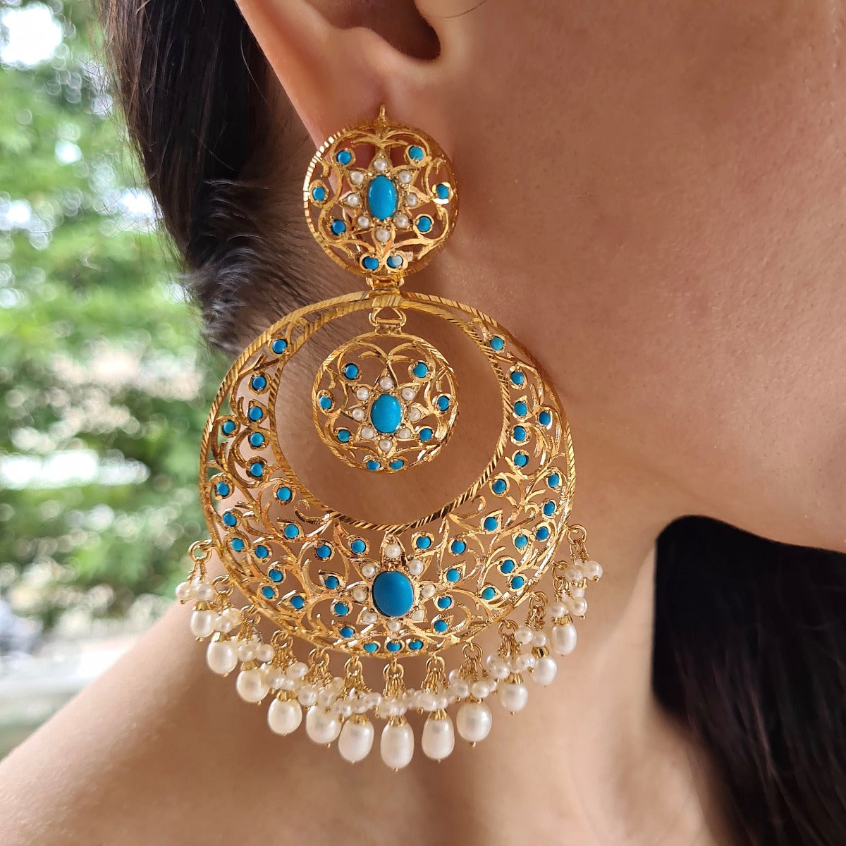 gold plated karachi jadau chandbali earrings