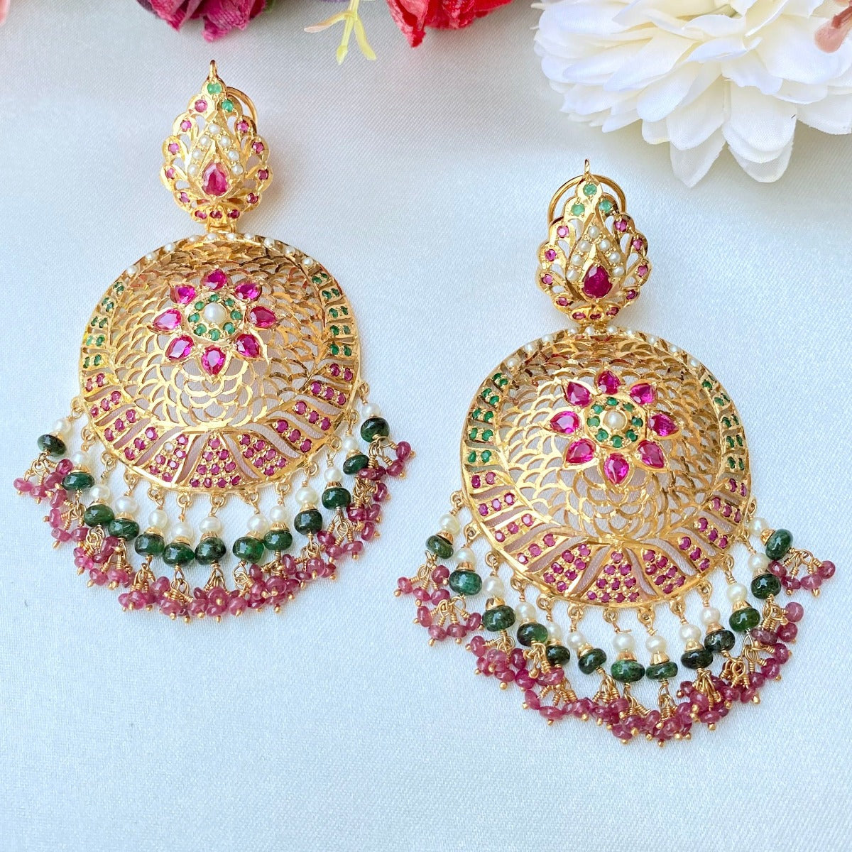 large round ruby emerald earrings