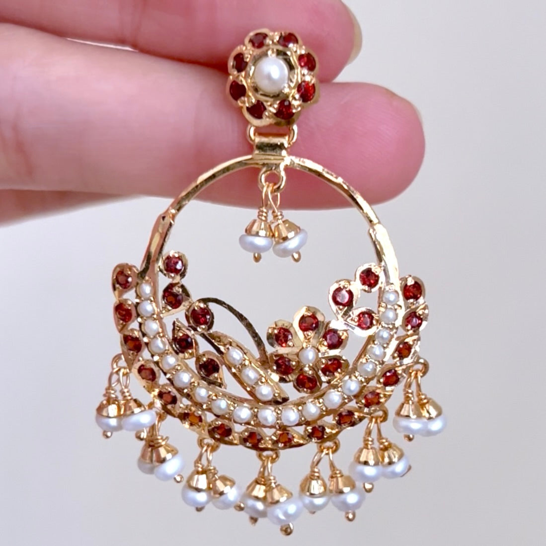 garnet and pearl chandbali earrings