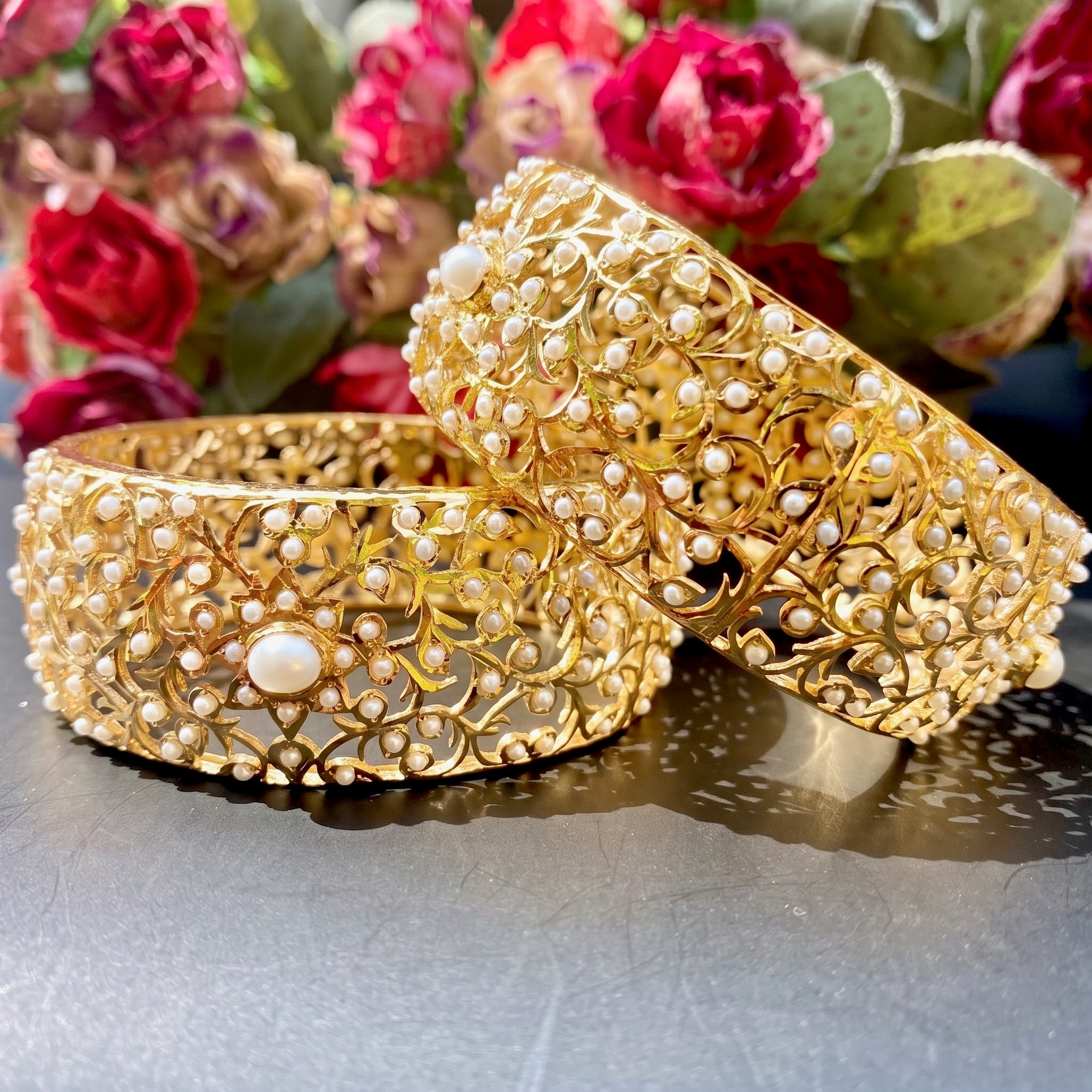 gold plated silver kada studded with pearls