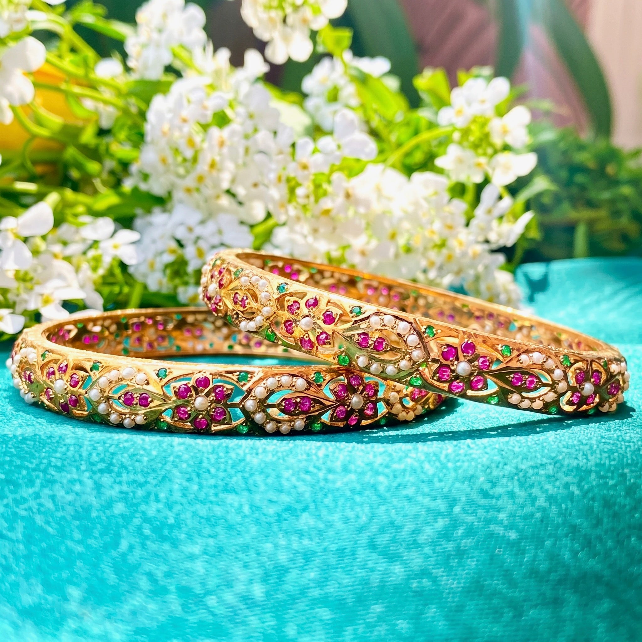 ruby emerald bangles in gold plated silver