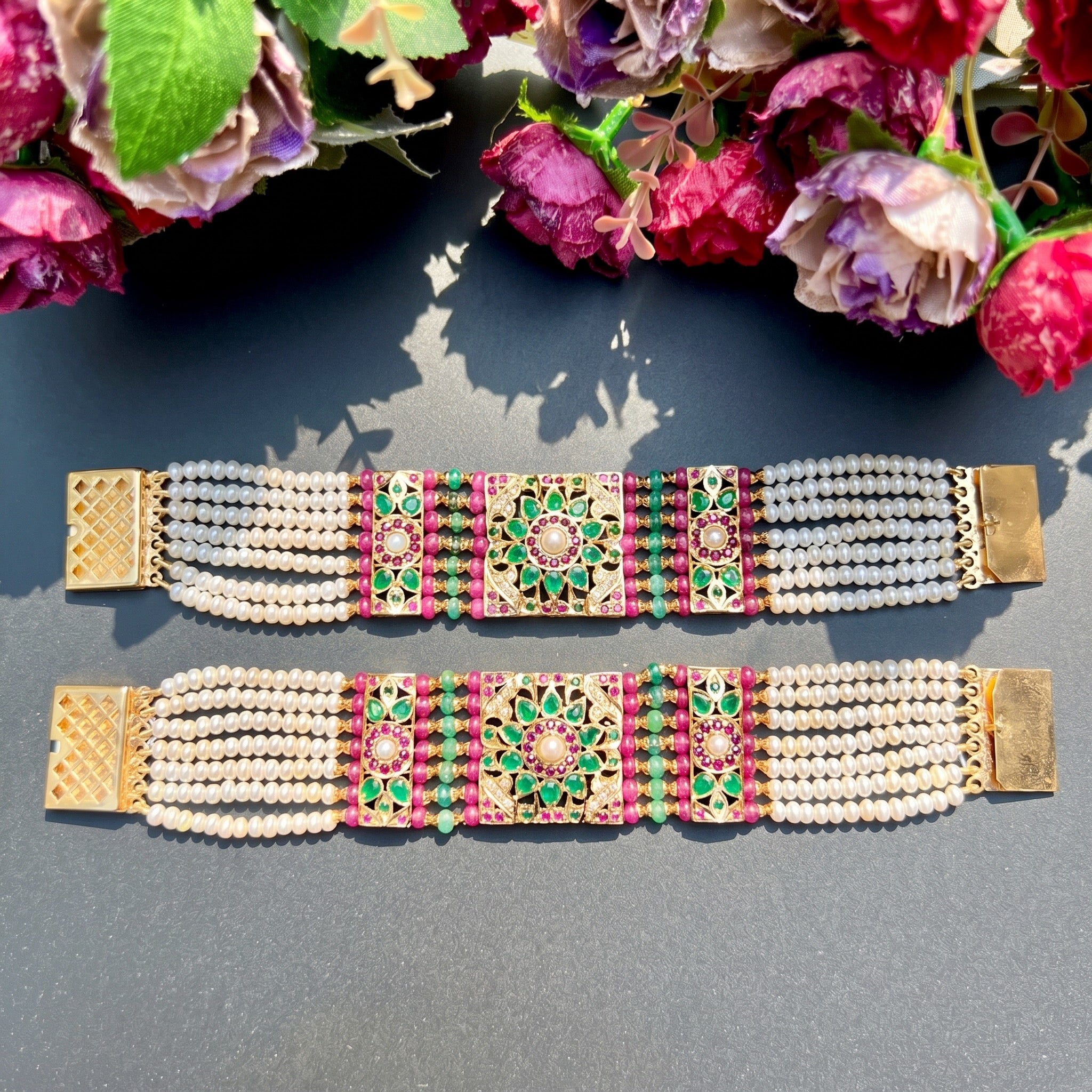 jadau dasti made in gold plated silver in ruby emerald colors