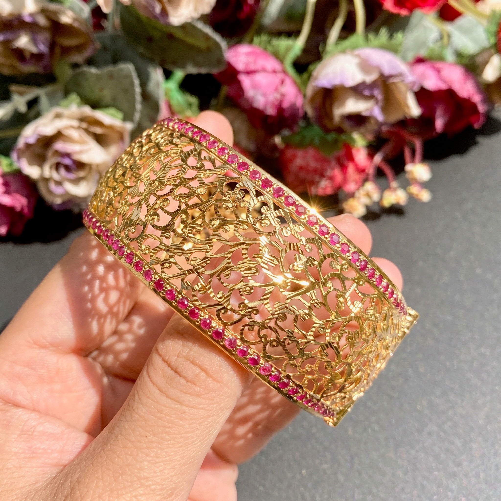 ruby bangle in gold plated silver