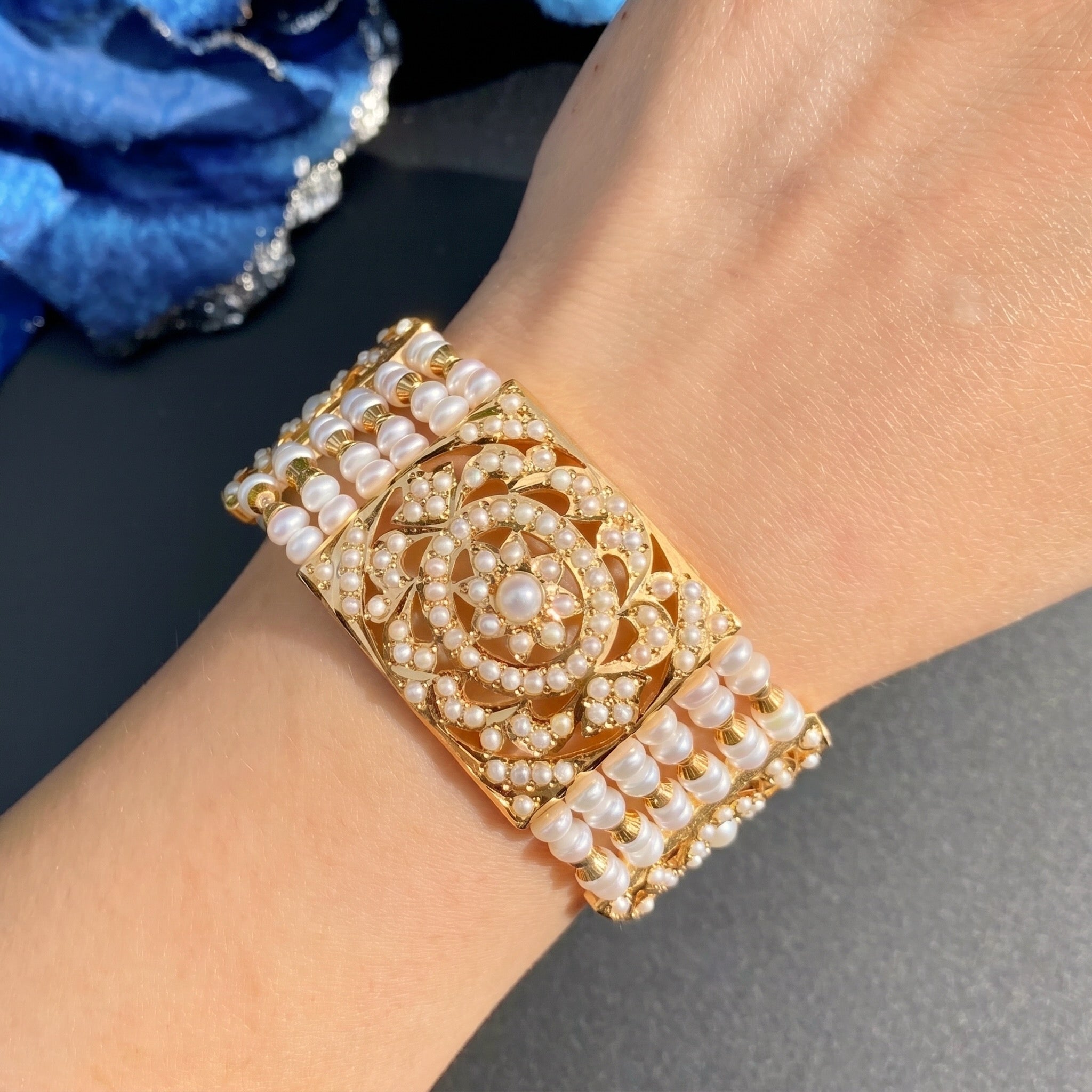 Traditional Pearl Dasti on 925 Silver with Gold Plating | Authentic Freshwater Pearls BG 136