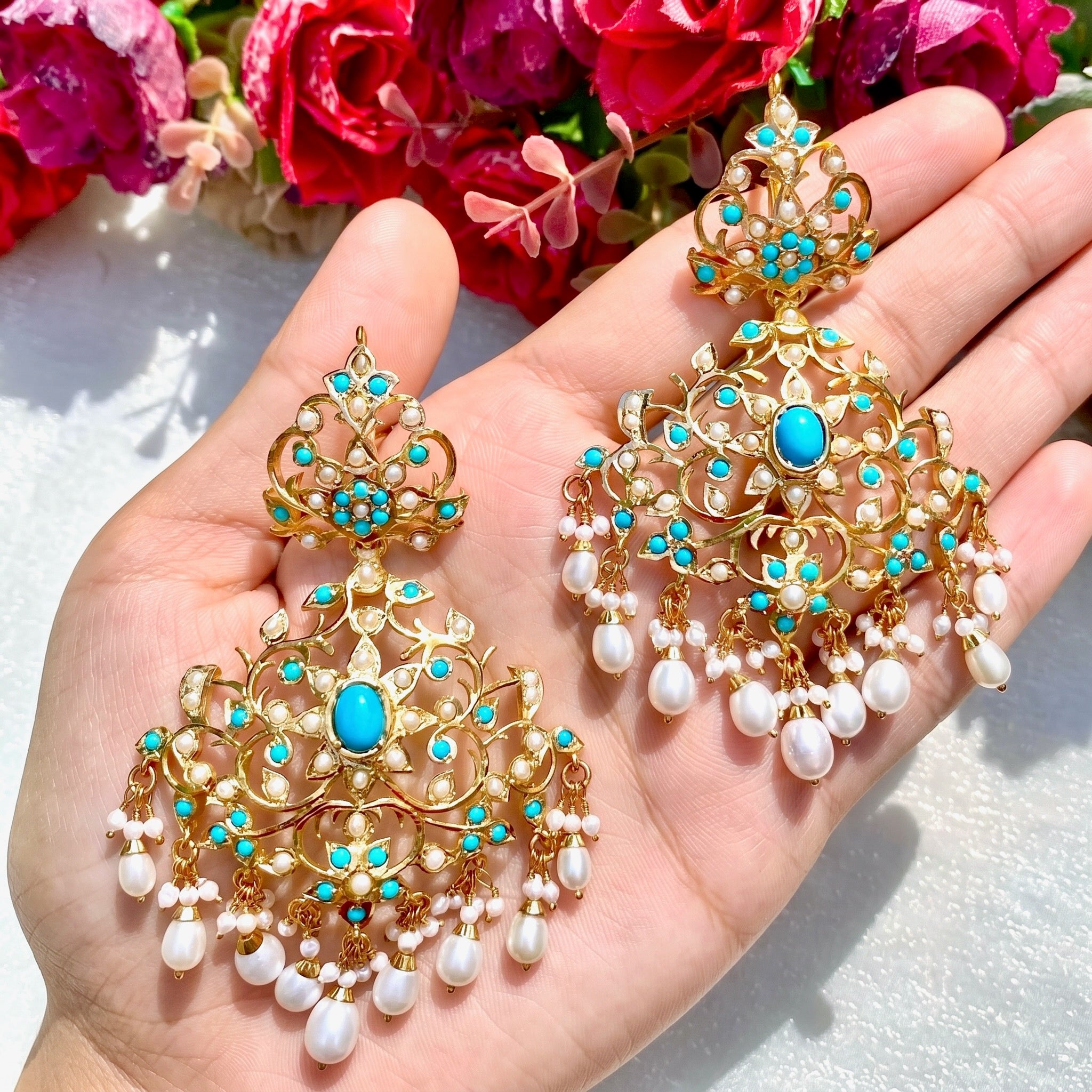 beautiful pearl and feroza earrings made in sterling silver