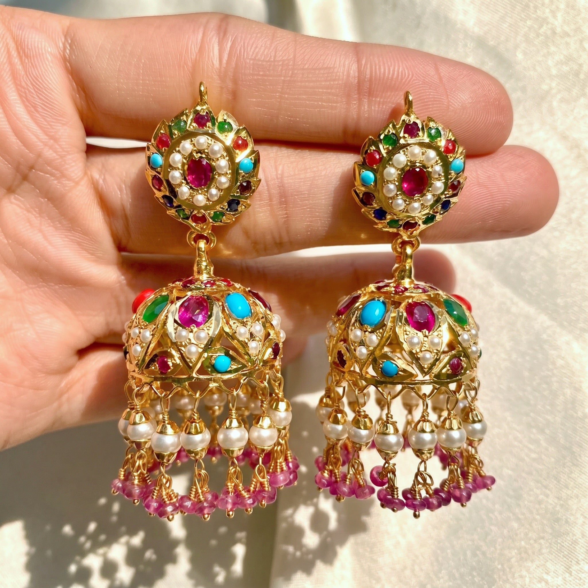 navrattan jhumka earrings on gold plated silver