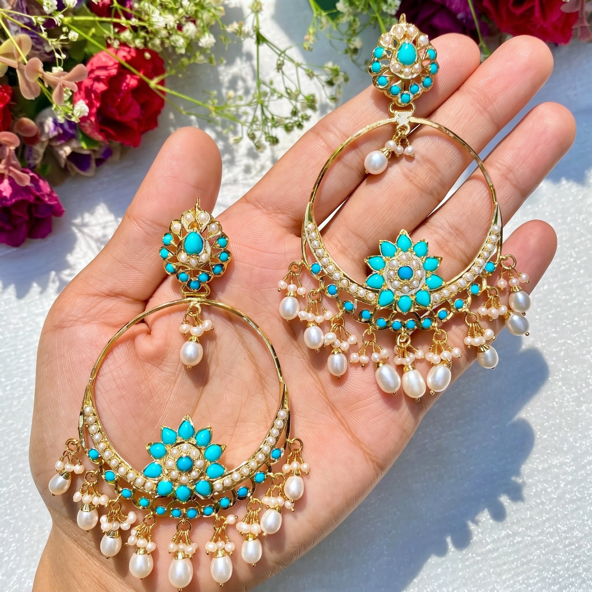 traditonal pakistani chandbala earrings with turquoise and pearls