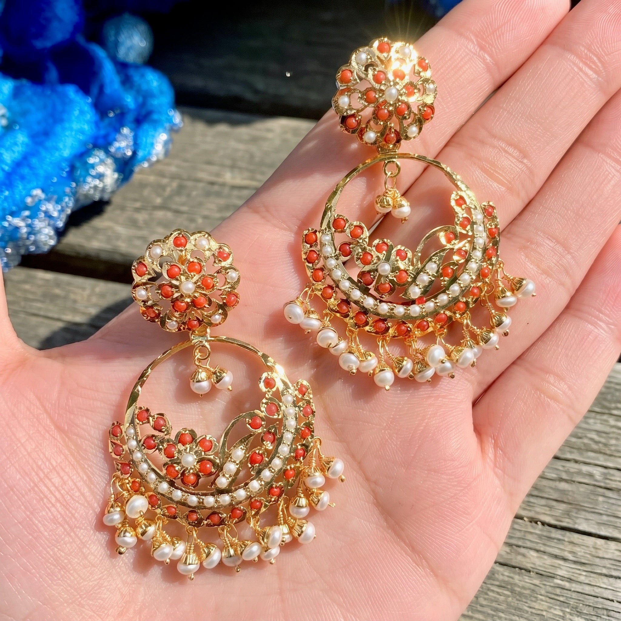 coral and pearl chandbali earrings