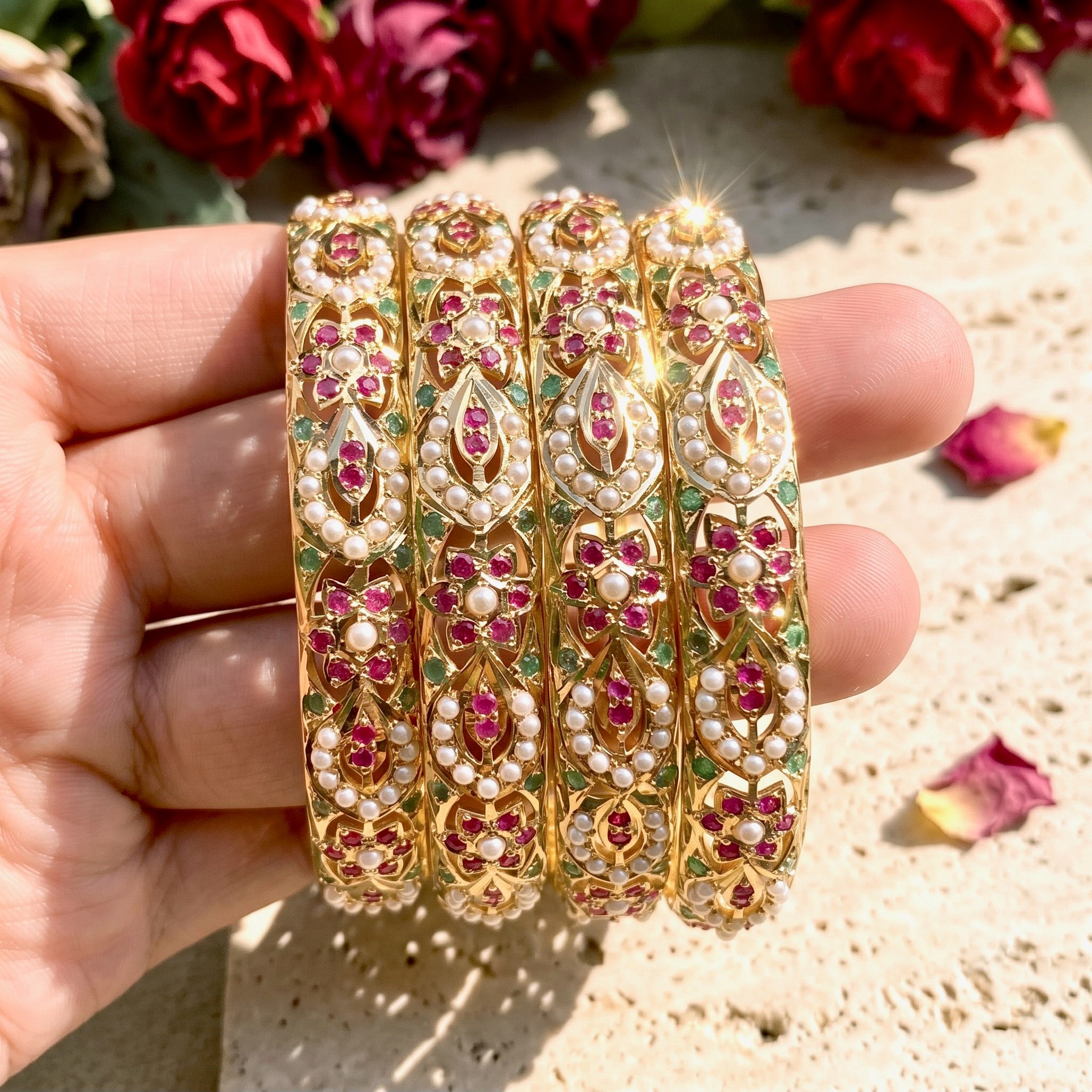indian bangles in 22k gold with ruby emerald pearls