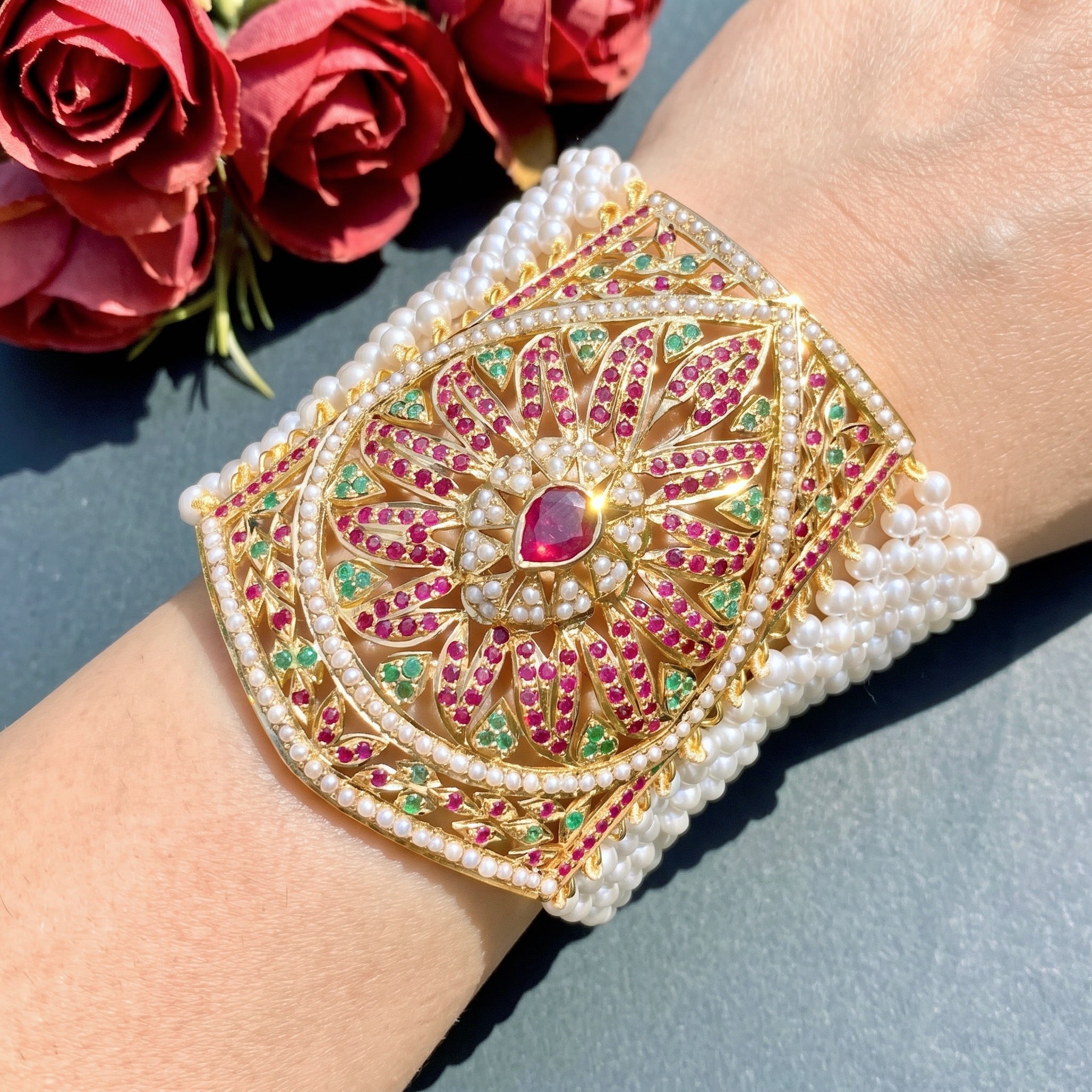 mughal bajubandh bahi in 22k gold with real ruby emerald