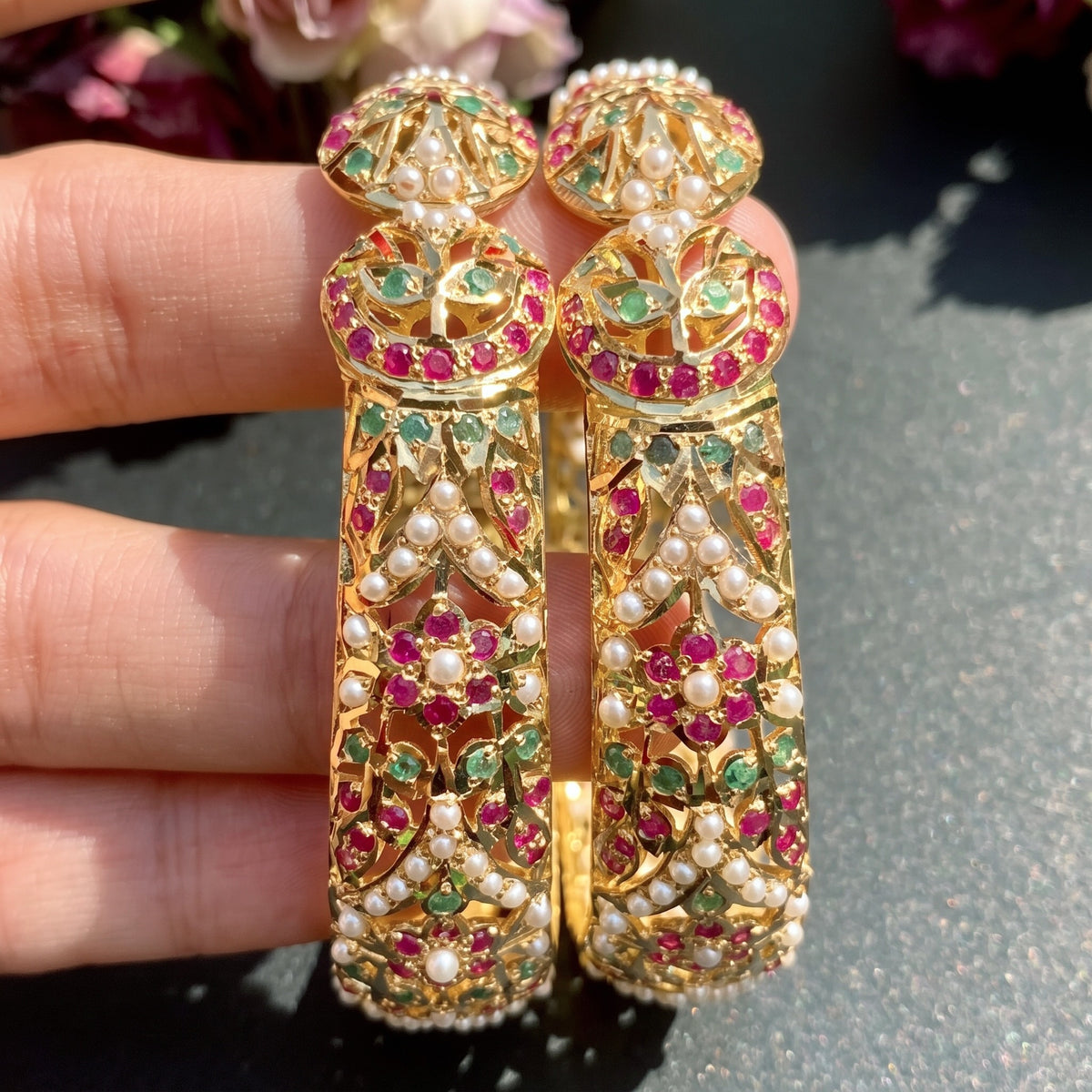 original joroa gold bangles studded with ruby emerald and pearls