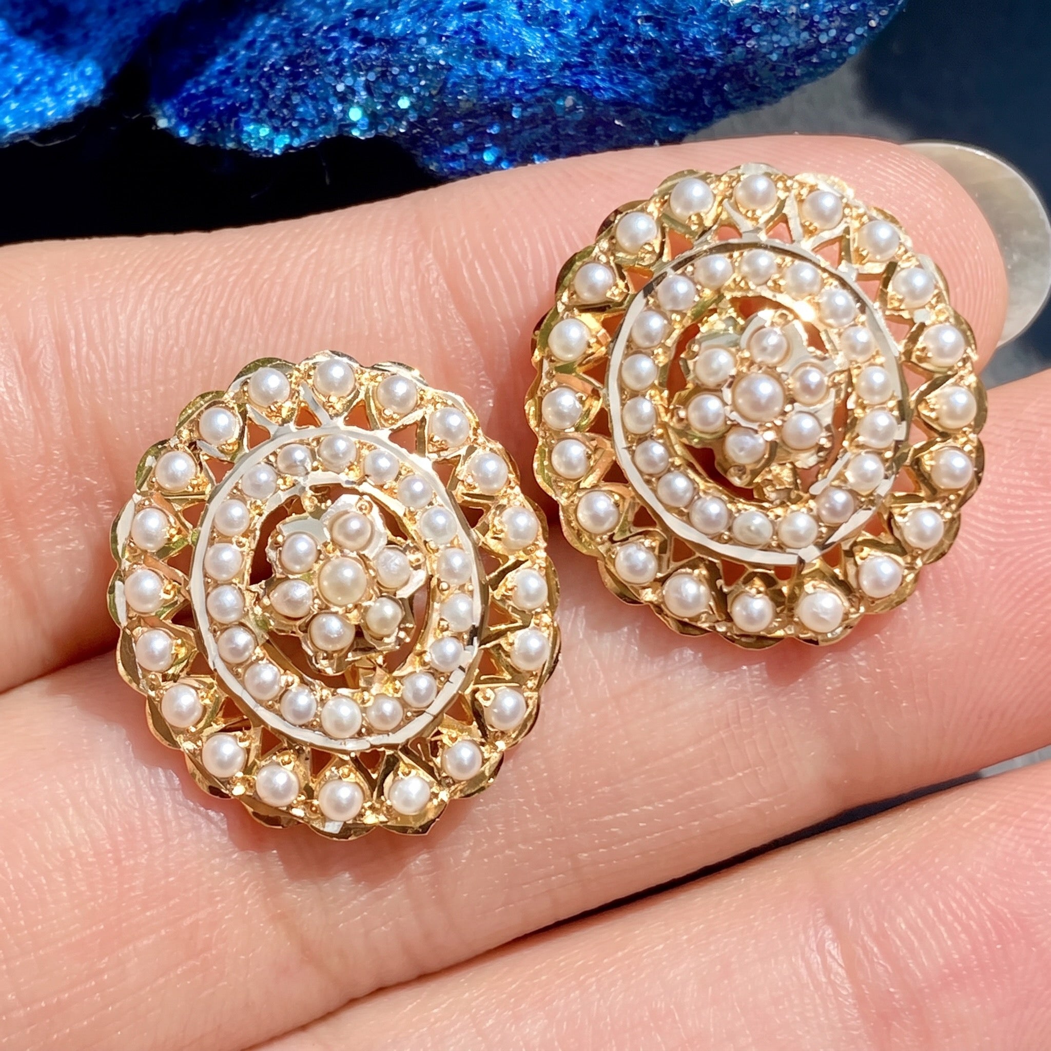 oval indian pearl stud earrings on gold
