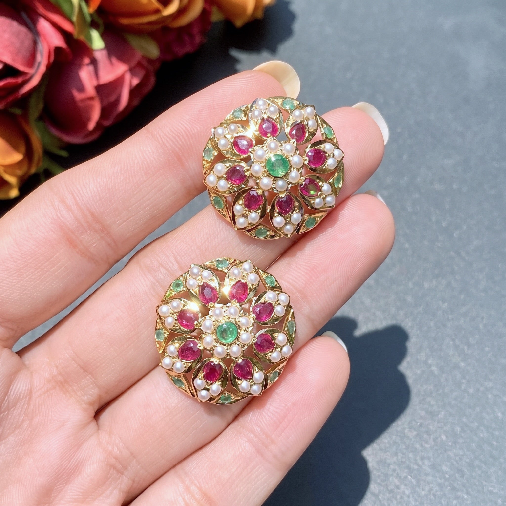 tanishq multicoloured round studs in 22k gold
