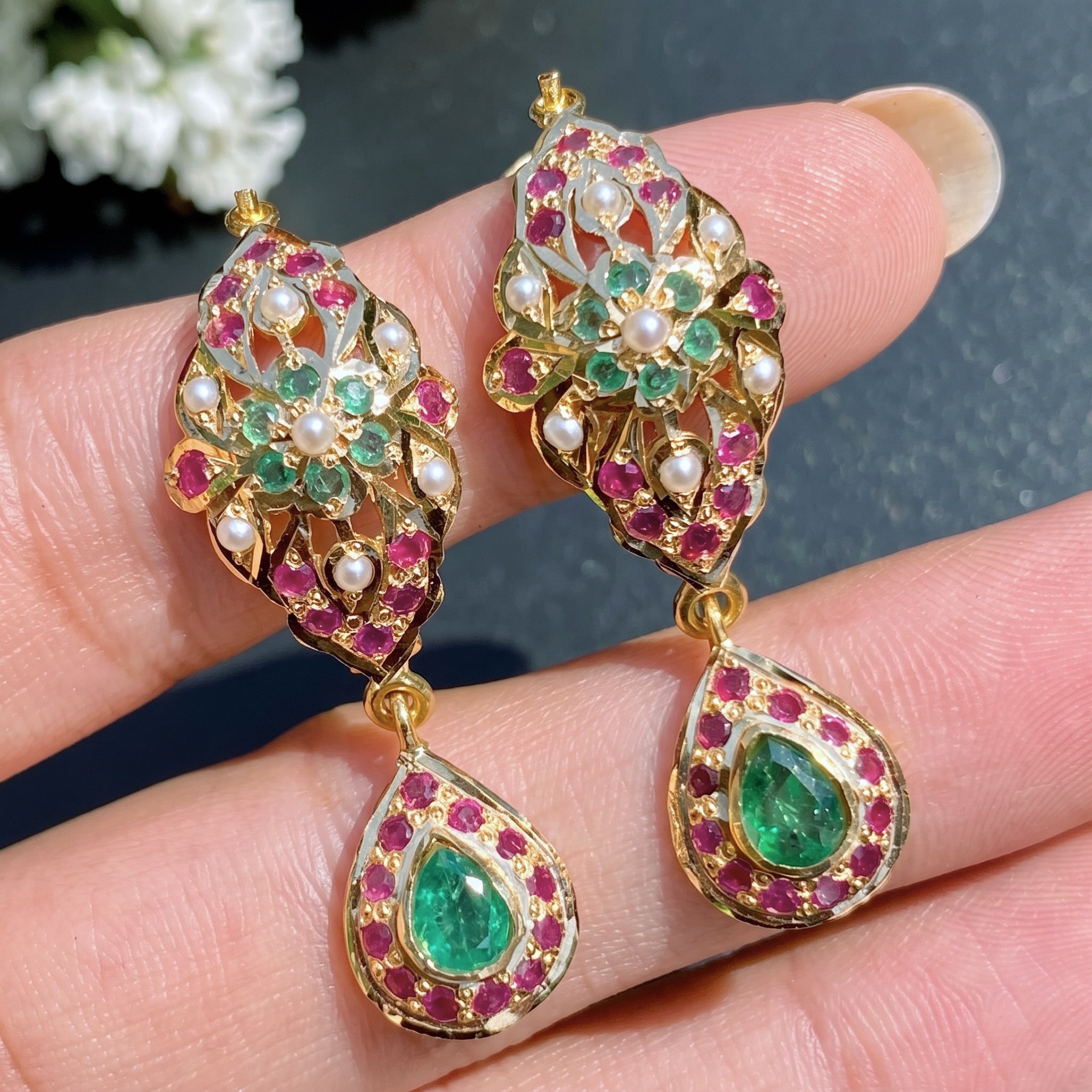 22k gold dandi earrings with ruby emerald pearls
