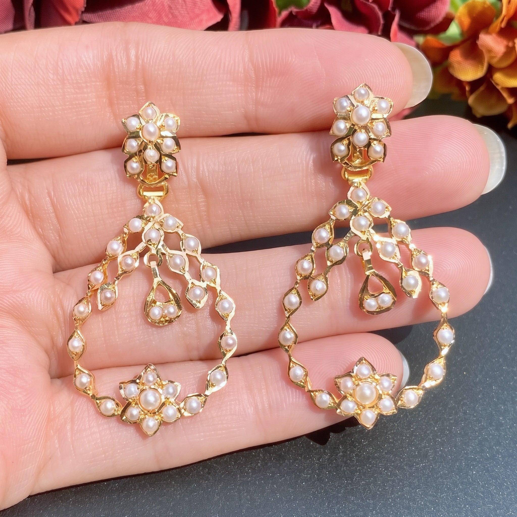 indo western pearl dangler earrings in gold