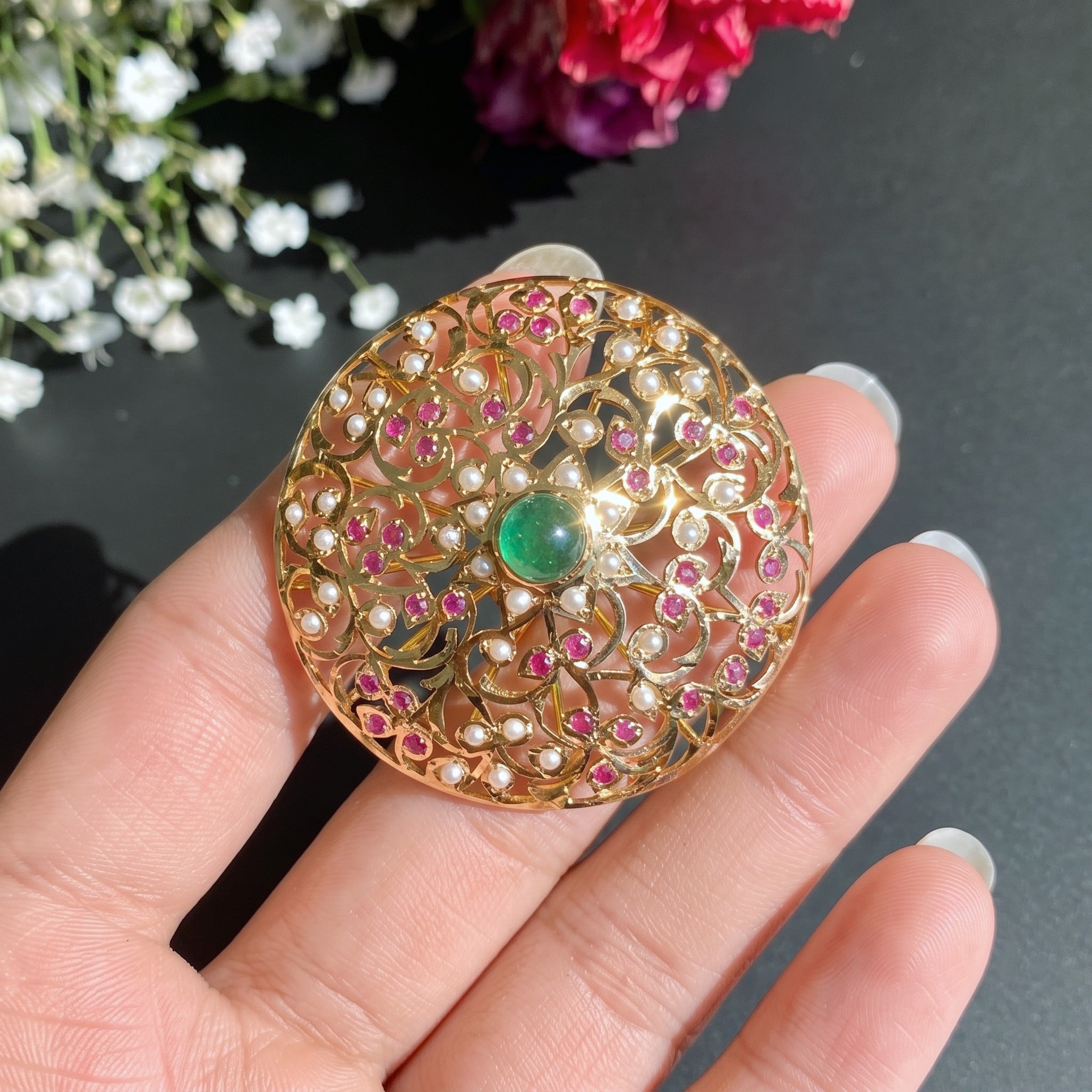 indian ruby emerald pearl cocktail jadau ring