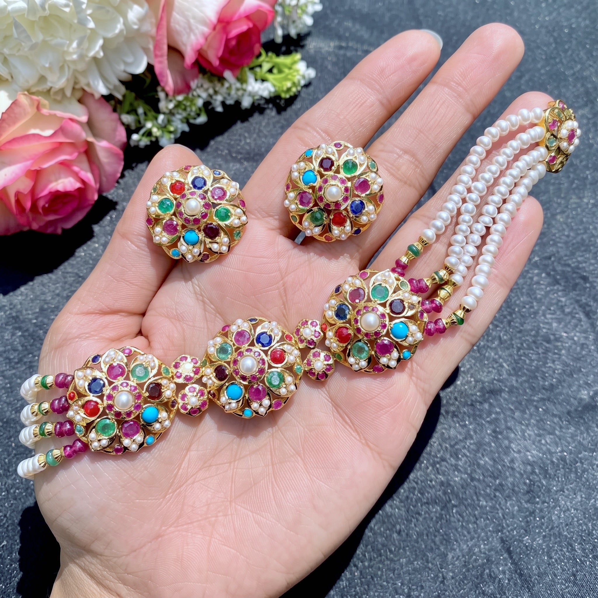 navratna gold choker set to pair with saree
