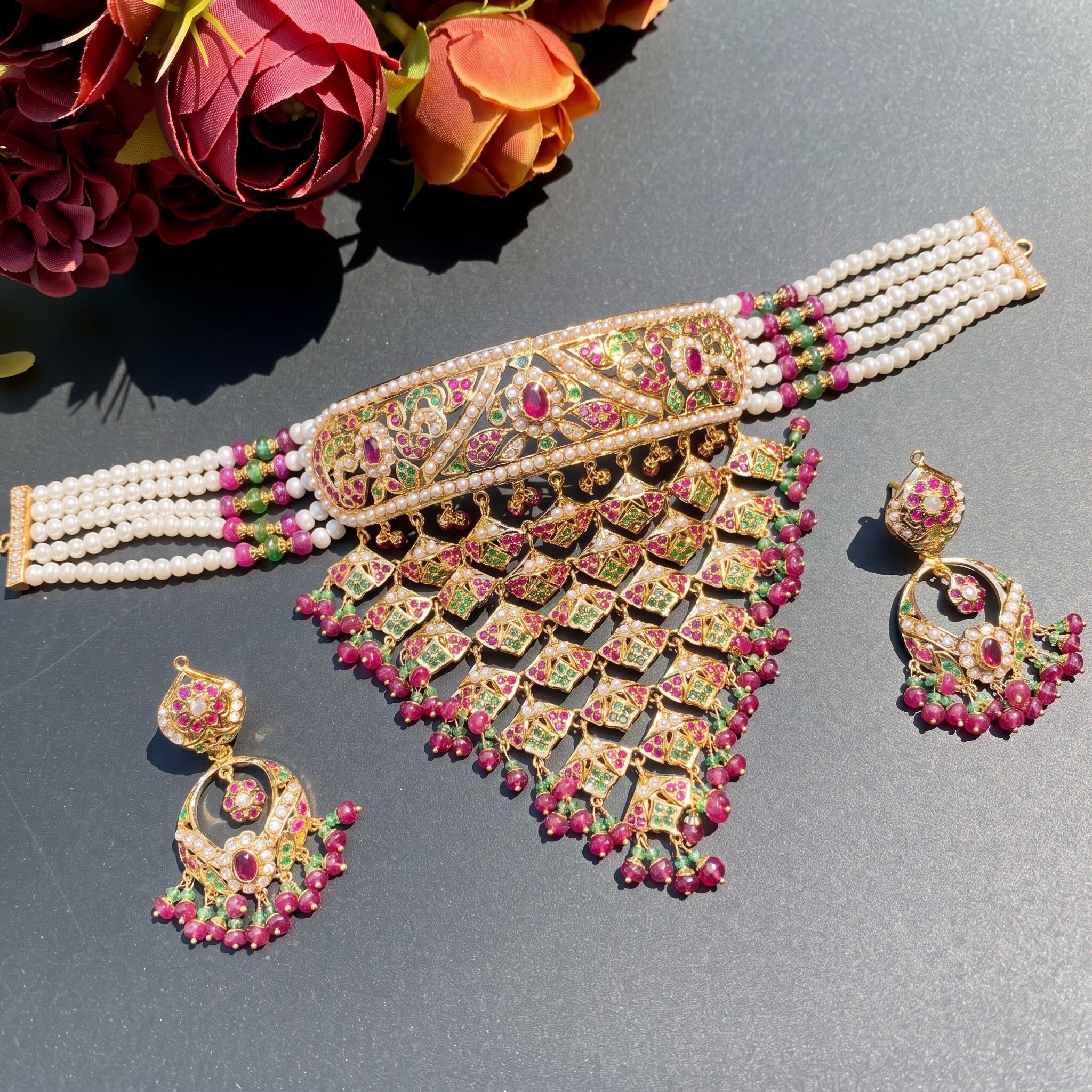 bridal hyderabadi choker with chandbali earrings