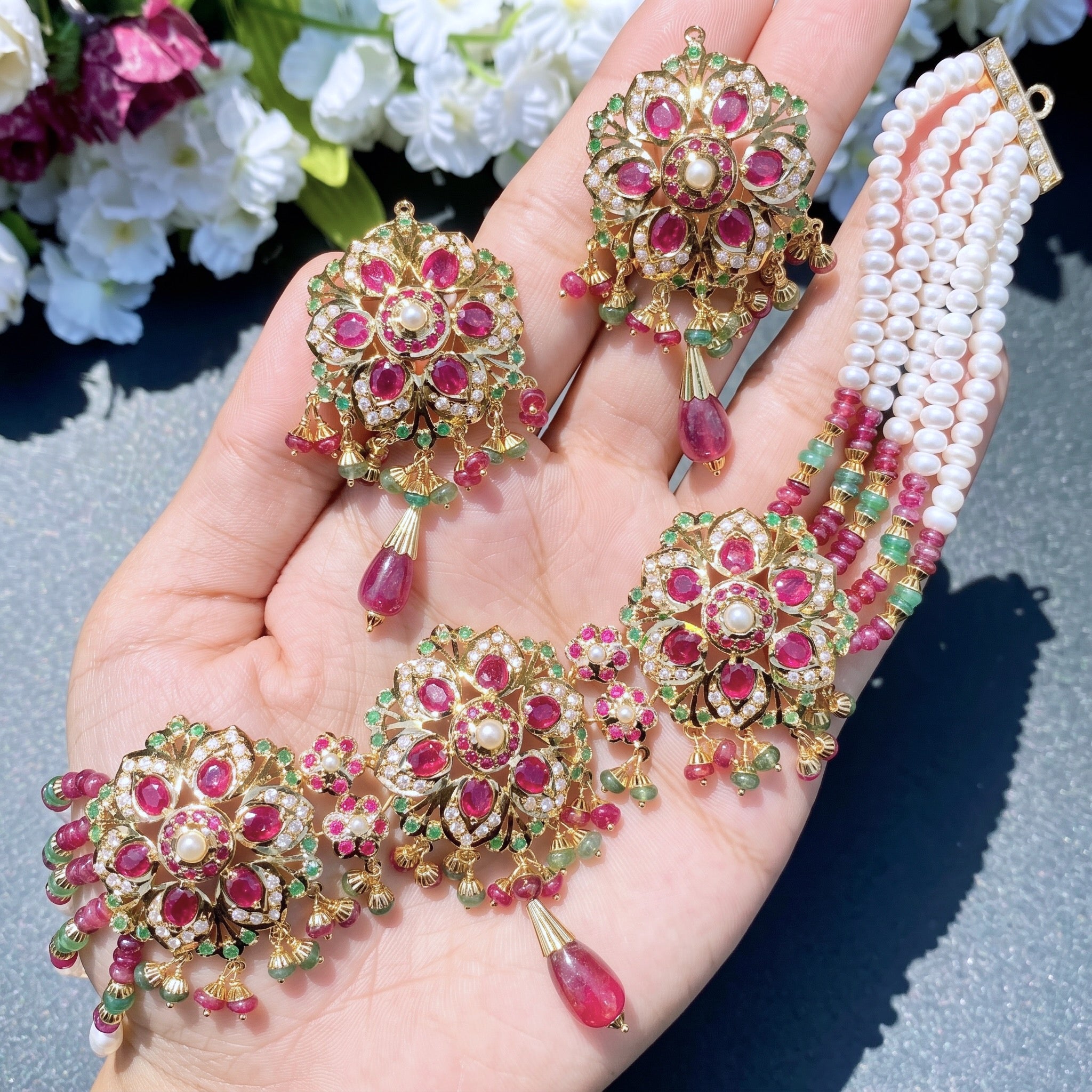 modern gold choker set with rubies