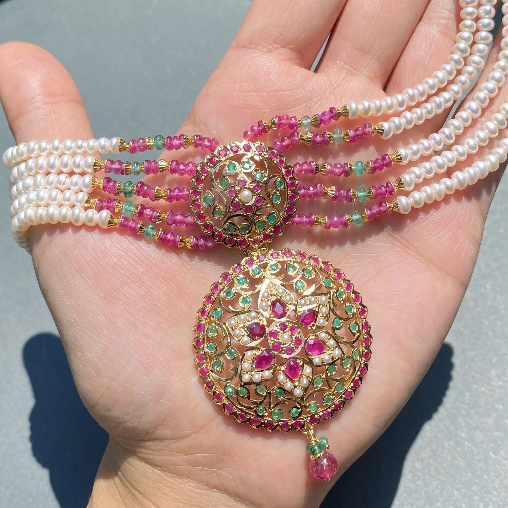 indian choker with ruby emerald pearls on gold