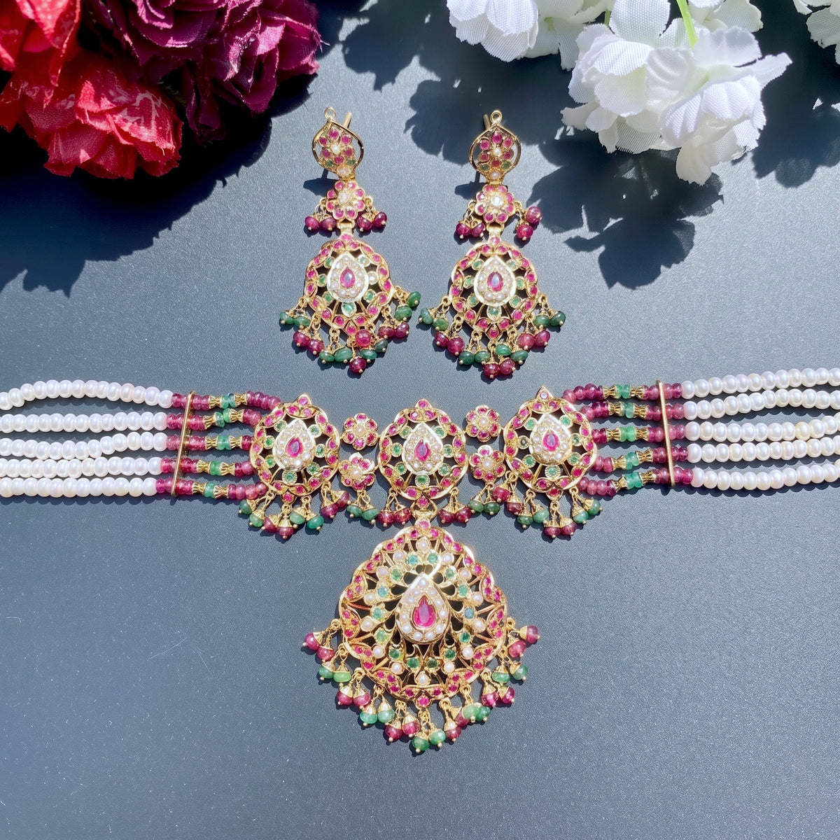 ruby emerald choker on 22k gold