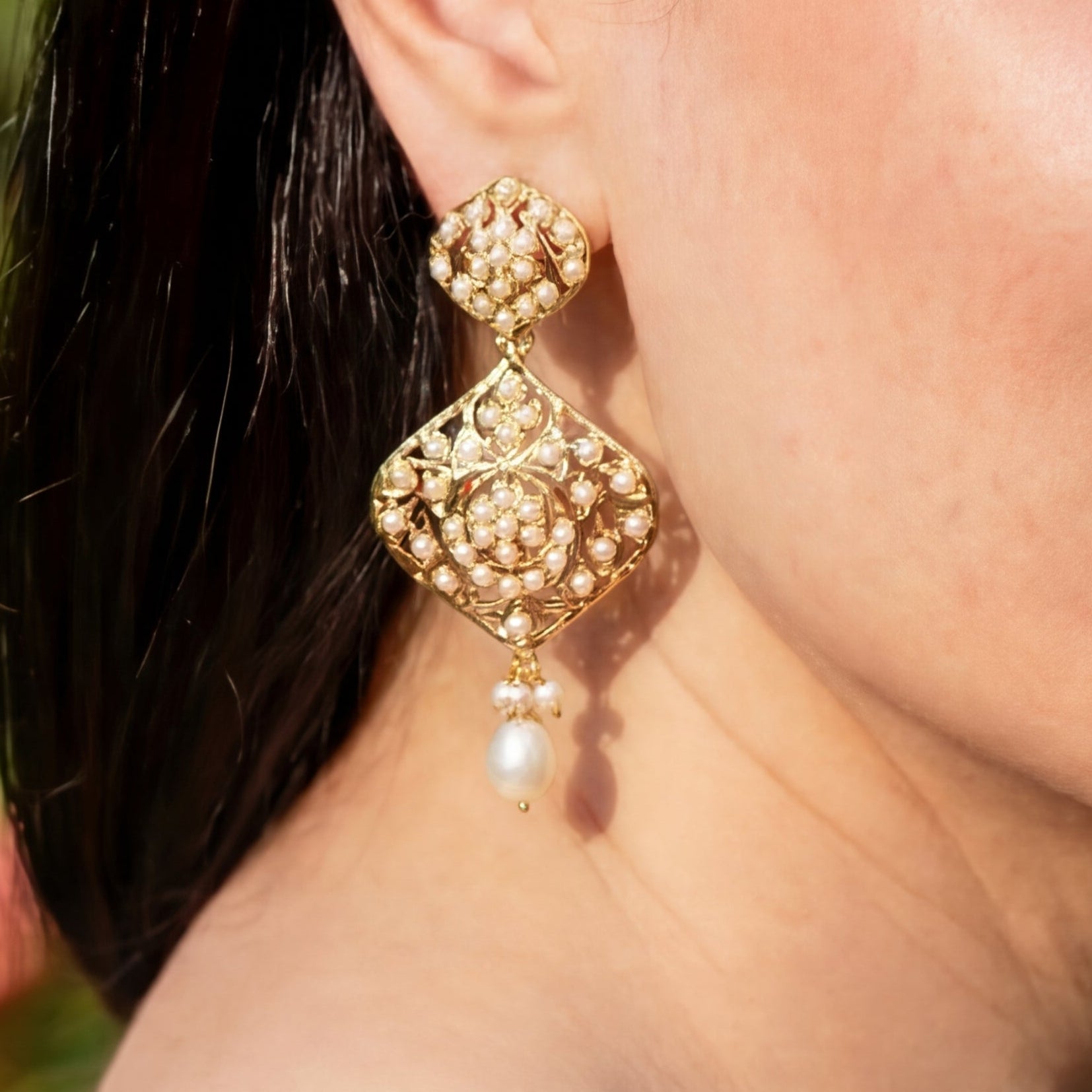Cute & Dainty Pearl Earrings For Women | Traditional Jadau Jewelry on 925 Silver with Gold Plating ER 661