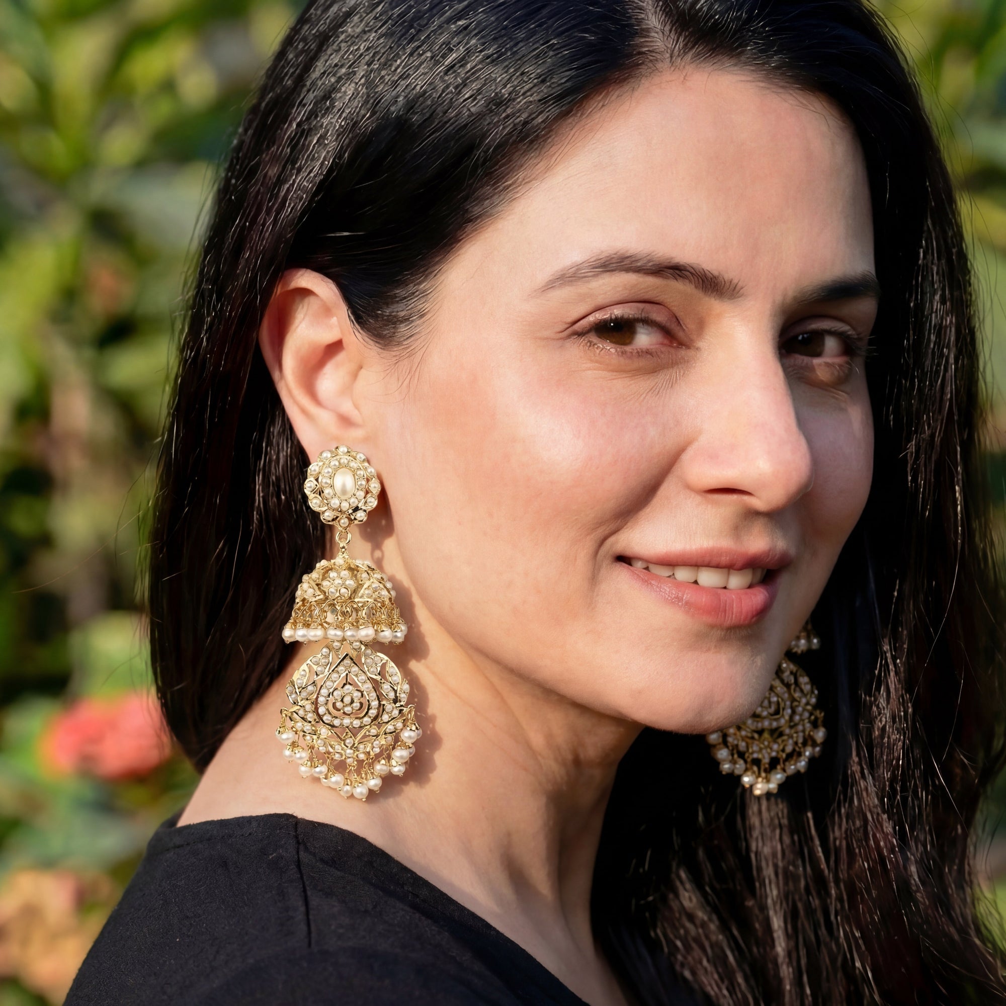 Tall Jadau Jhumka Earrings | Original Pearls | Gold Plated Silver ER 022