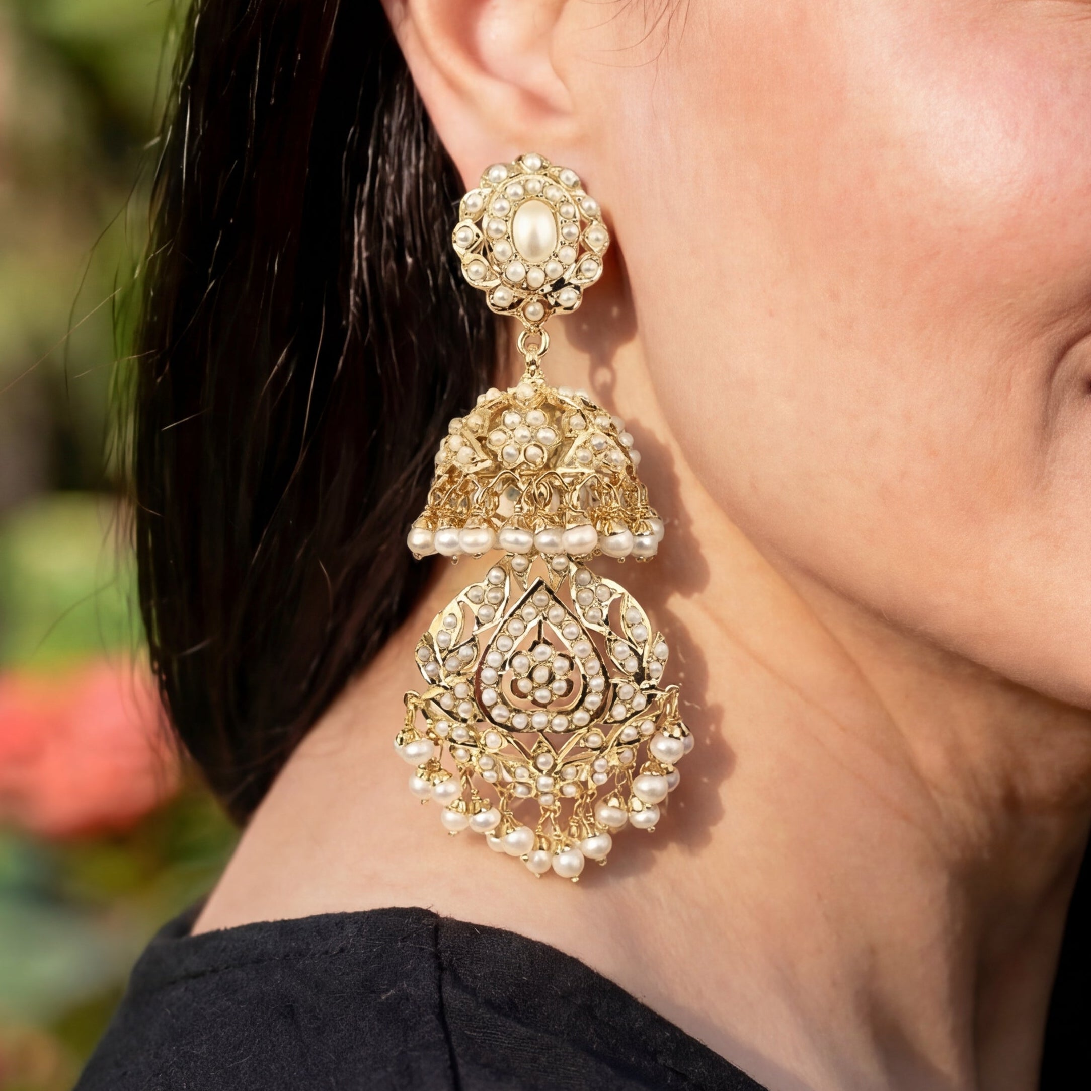 Tall Jadau Jhumka Earrings | Original Pearls | Gold Plated Silver ER 022