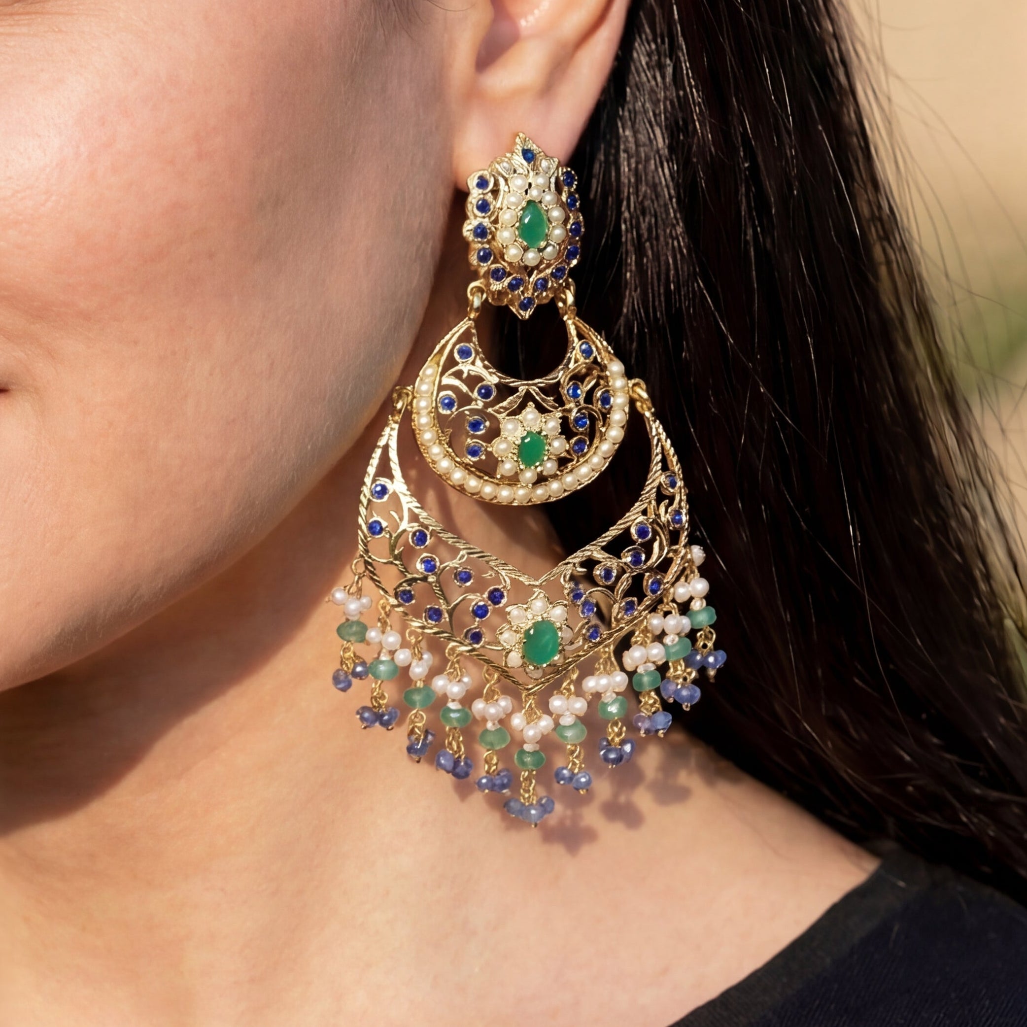 Statement Long Chandbali Earrings | Emerald-Sapphire-Pearls | Gold Plated ER 110