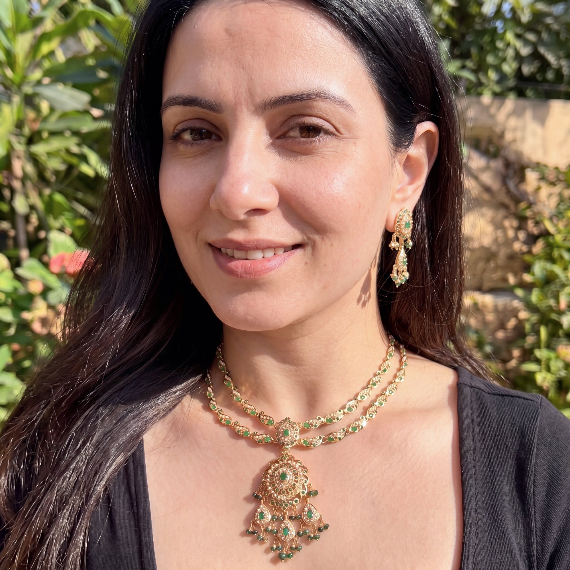 Intricate Jadau Necklace Set in 925 Silver Base | Pearl & Emerald Green Combination NS 451