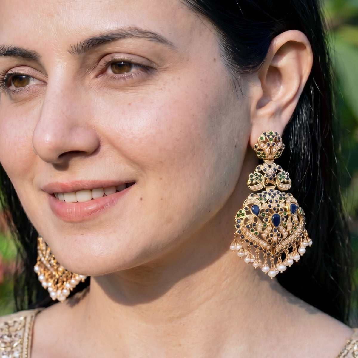 Royal Blue & Emerald Pearl Jadau Statement Earrings | Gold Plated on 925 Silver ER 701