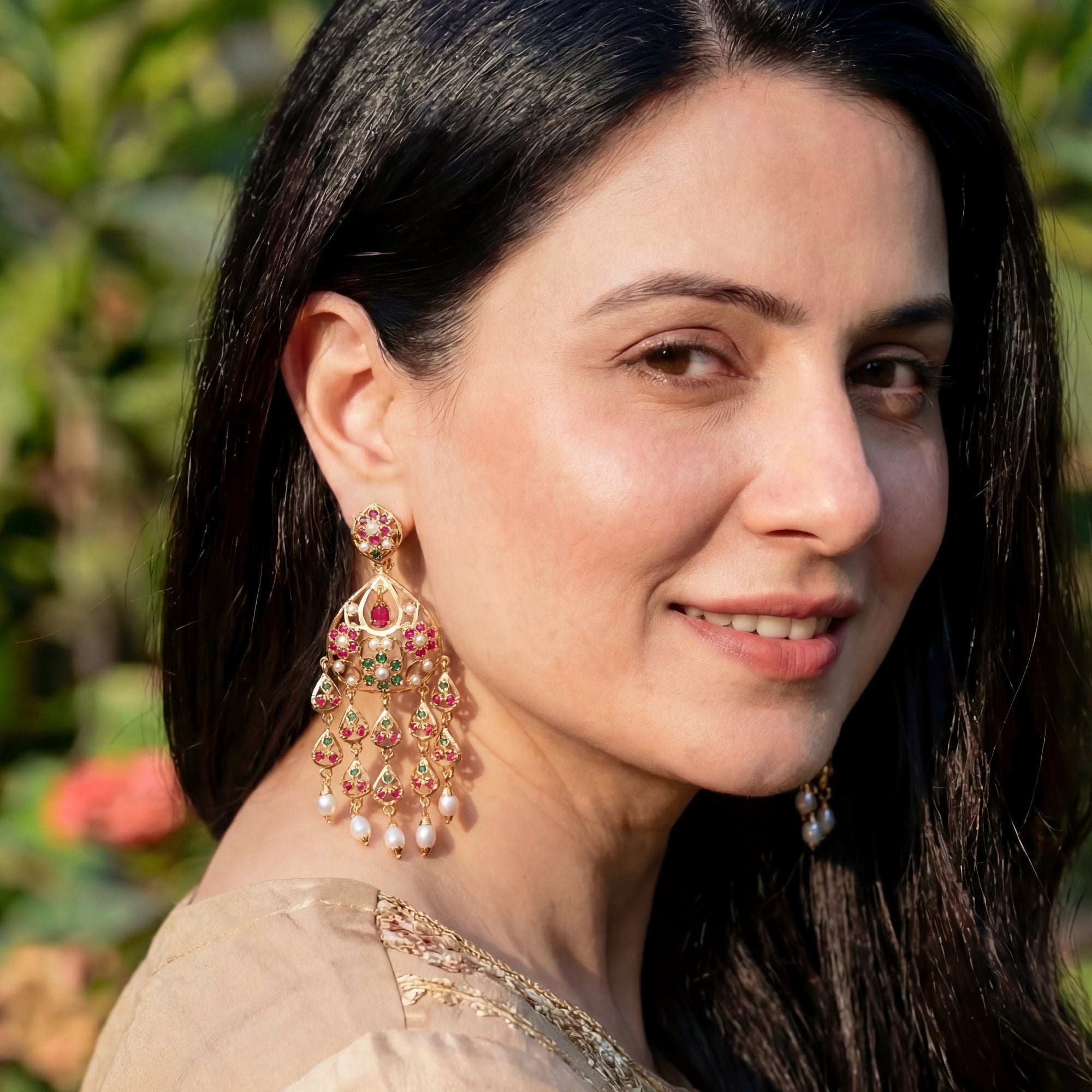 Long Jadau Danglers on Silver Base | Gold Plated ER 554
