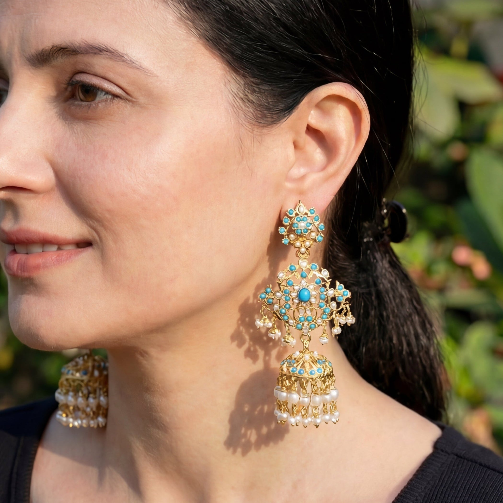 Long Silver Jhumkas | Studded with Pearl & Turquoise ER 126