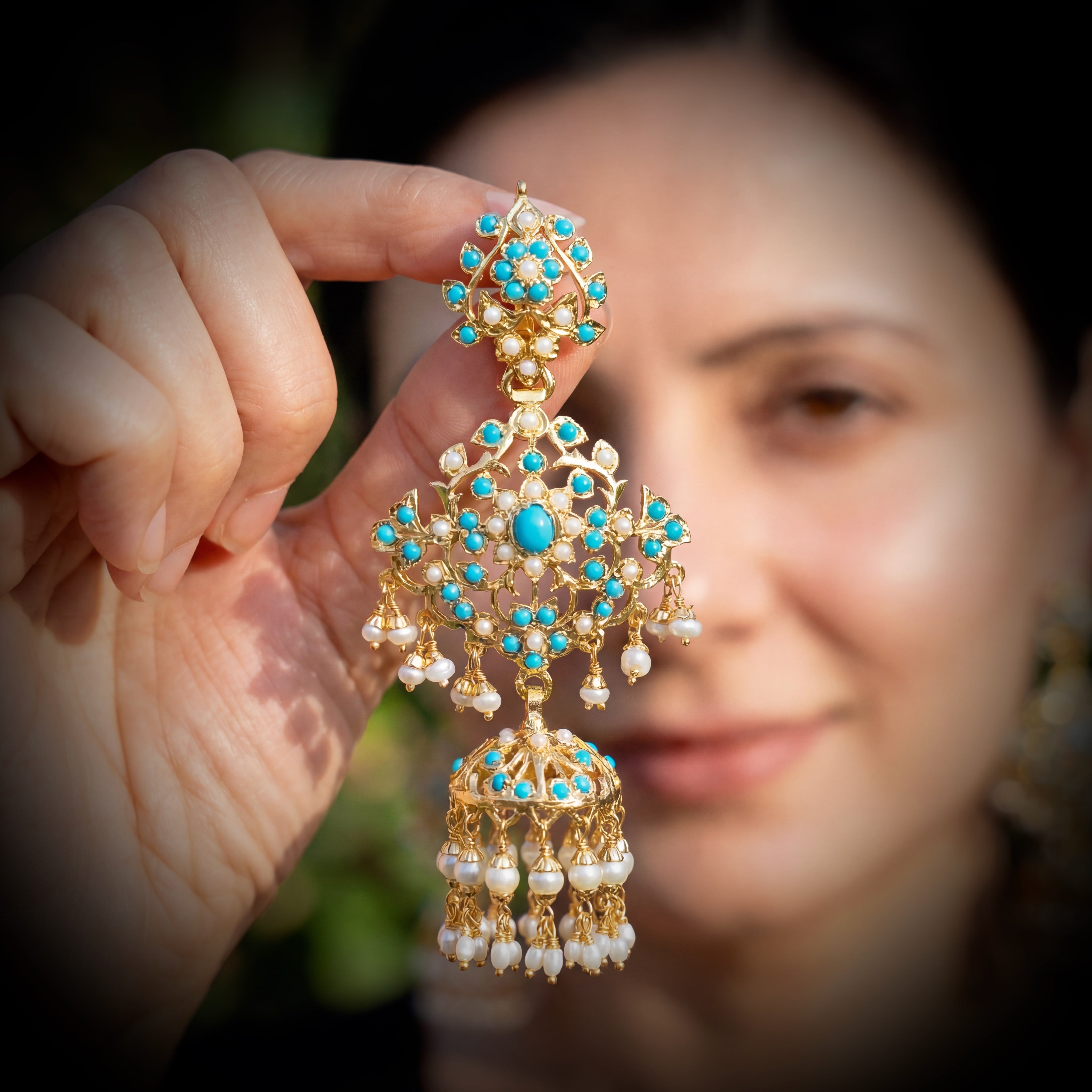 Long Silver Jhumkas | Studded with Pearl & Turquoise ER 126