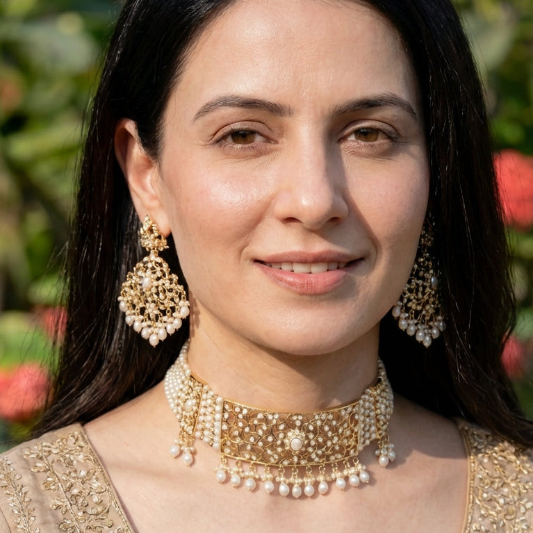 Traditional Rajasthani Aad Choker Set Studded With Pearls | Gold Plated Silver NS 035