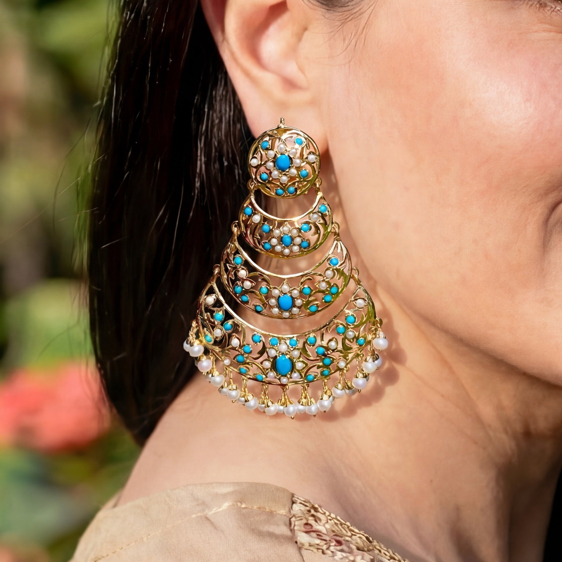 Gold Plated Statement Danglers | Long Indian Earrings Studded with Pearls and Turquoises ER 129