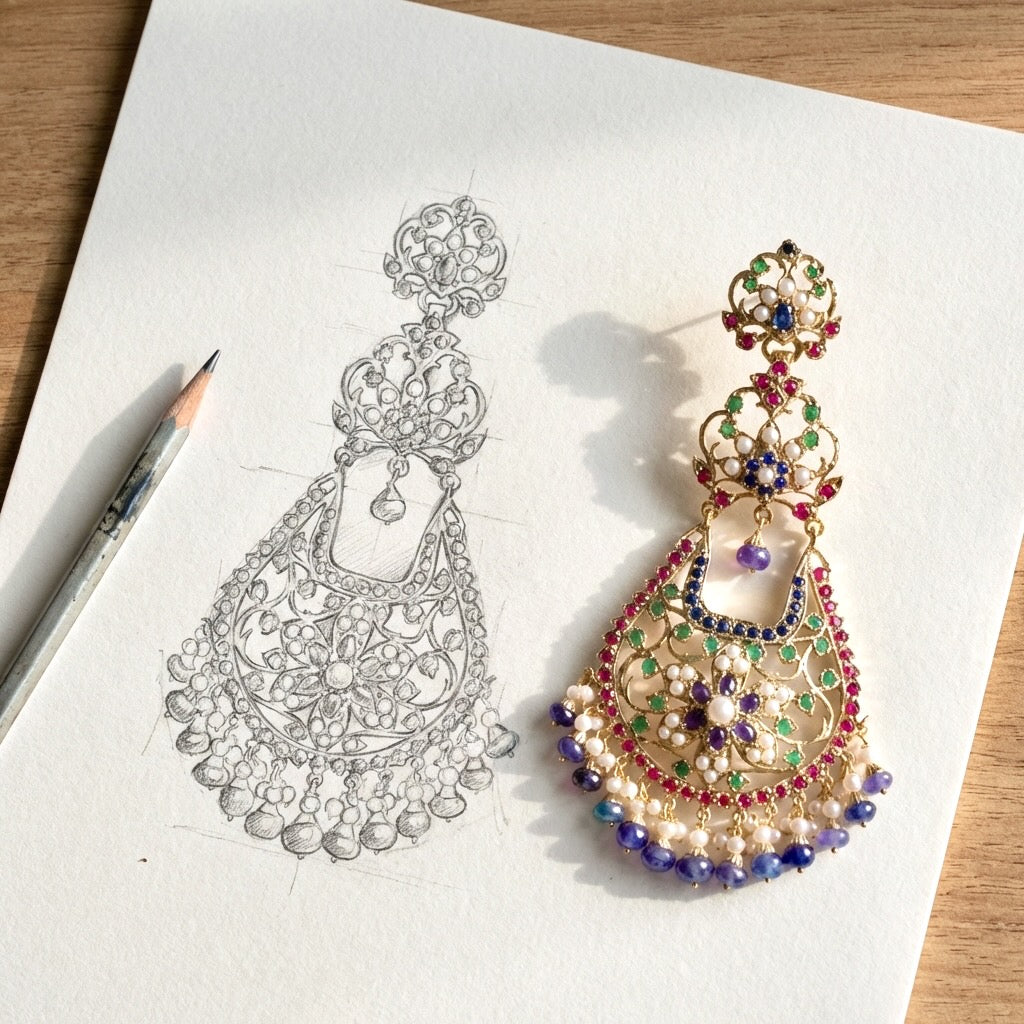 Gold Plated Chandelier Earrings | Multicolored Jadau Jewelry ER 599