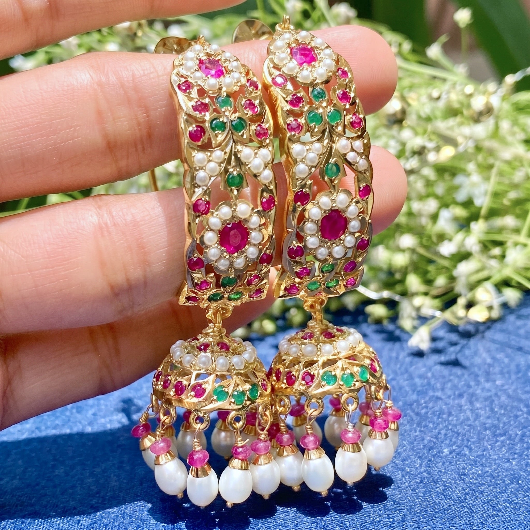 Silver Jhumkas Studded With Freshwater Pearls and Stones ER 047