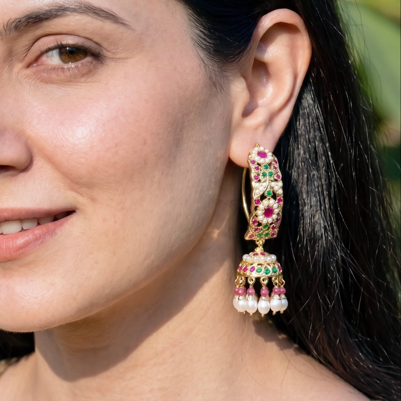 Silver Jhumkas Studded With Freshwater Pearls and Stones ER 047
